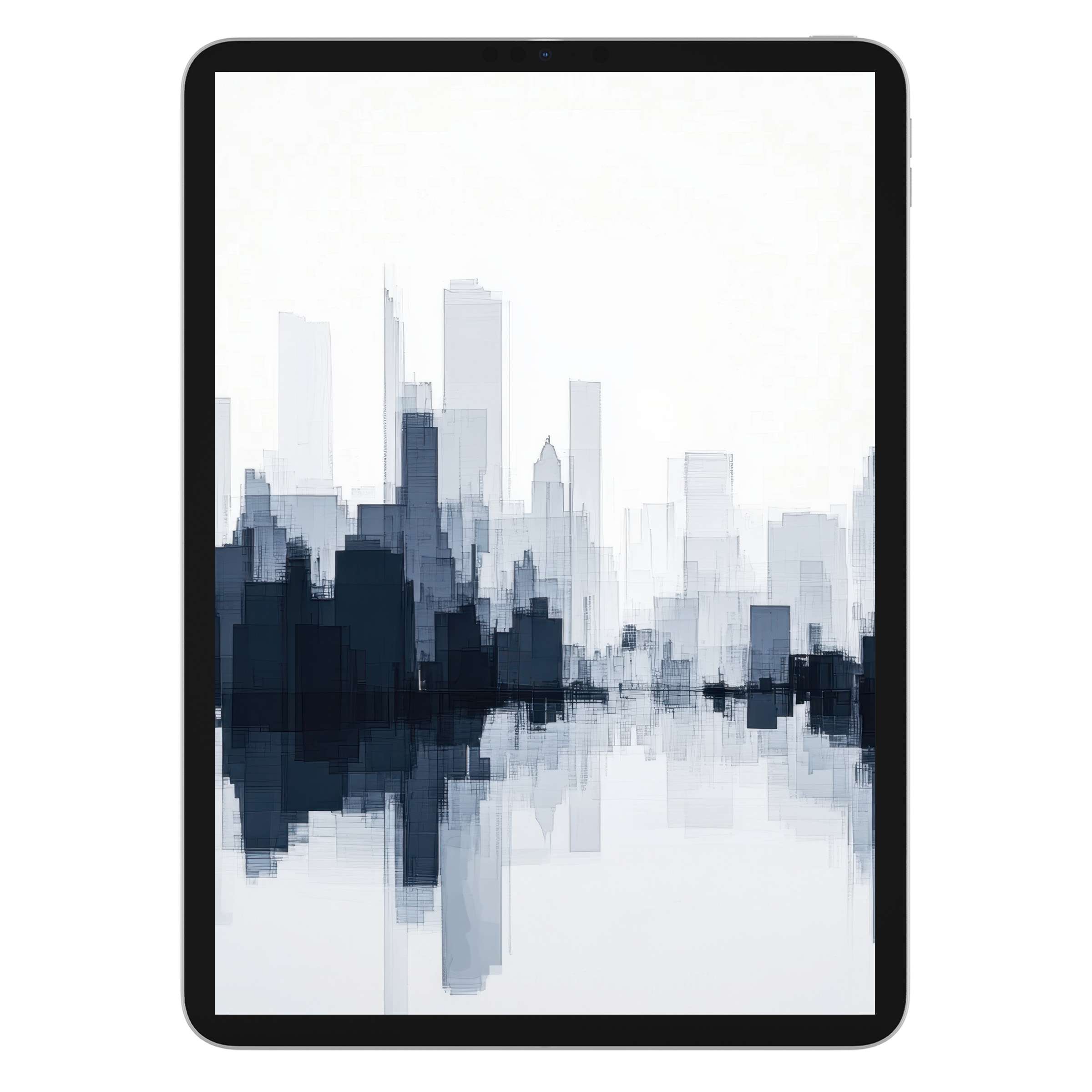 Modern iPad wallpaper with ethereal cityscape reflection, soothing monochrome tones; perfect digital download for tablet background