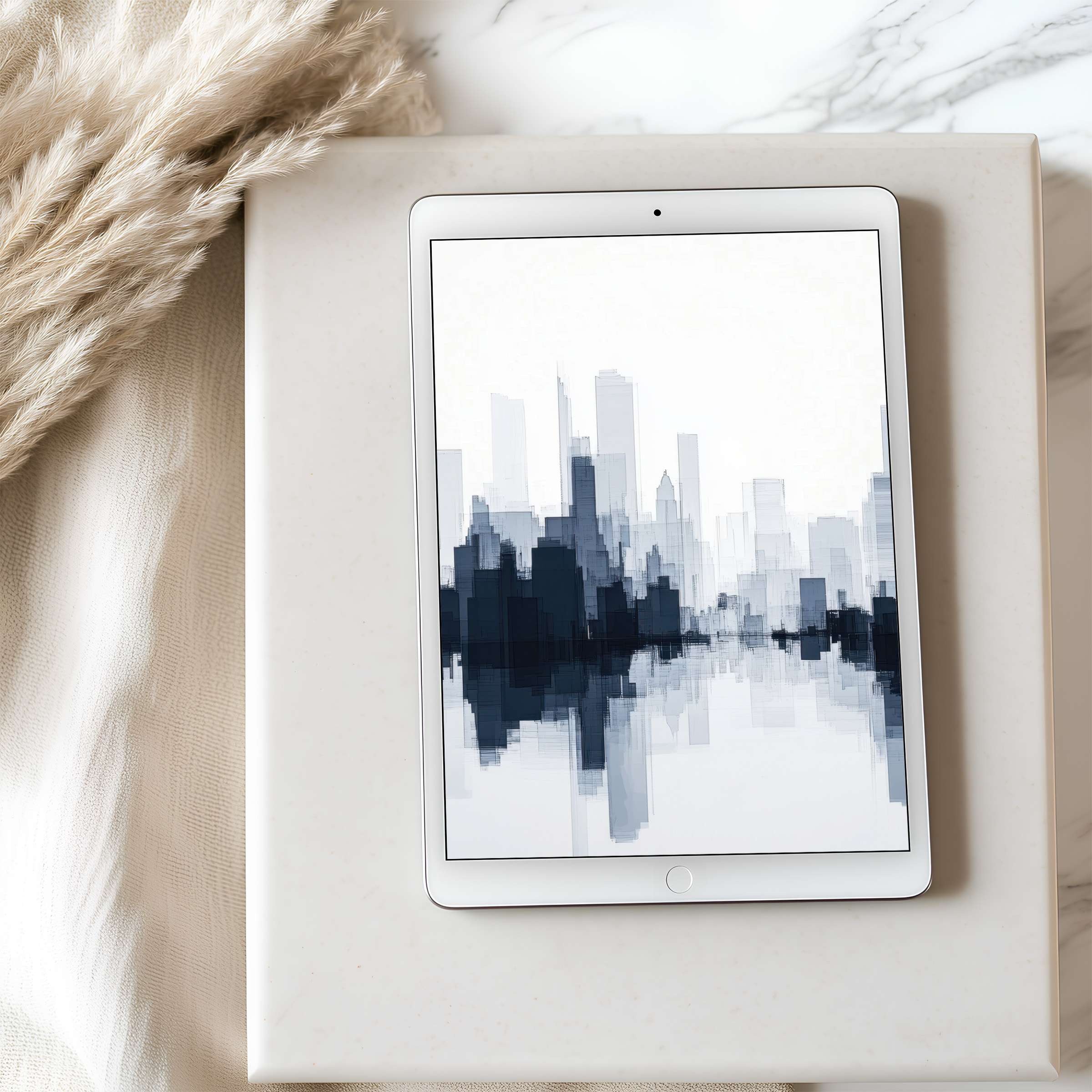 Elegant abstract skyline in serene monochrome tones as a tablet wallpaper for iPad, high resolution digital download enhances tranquility