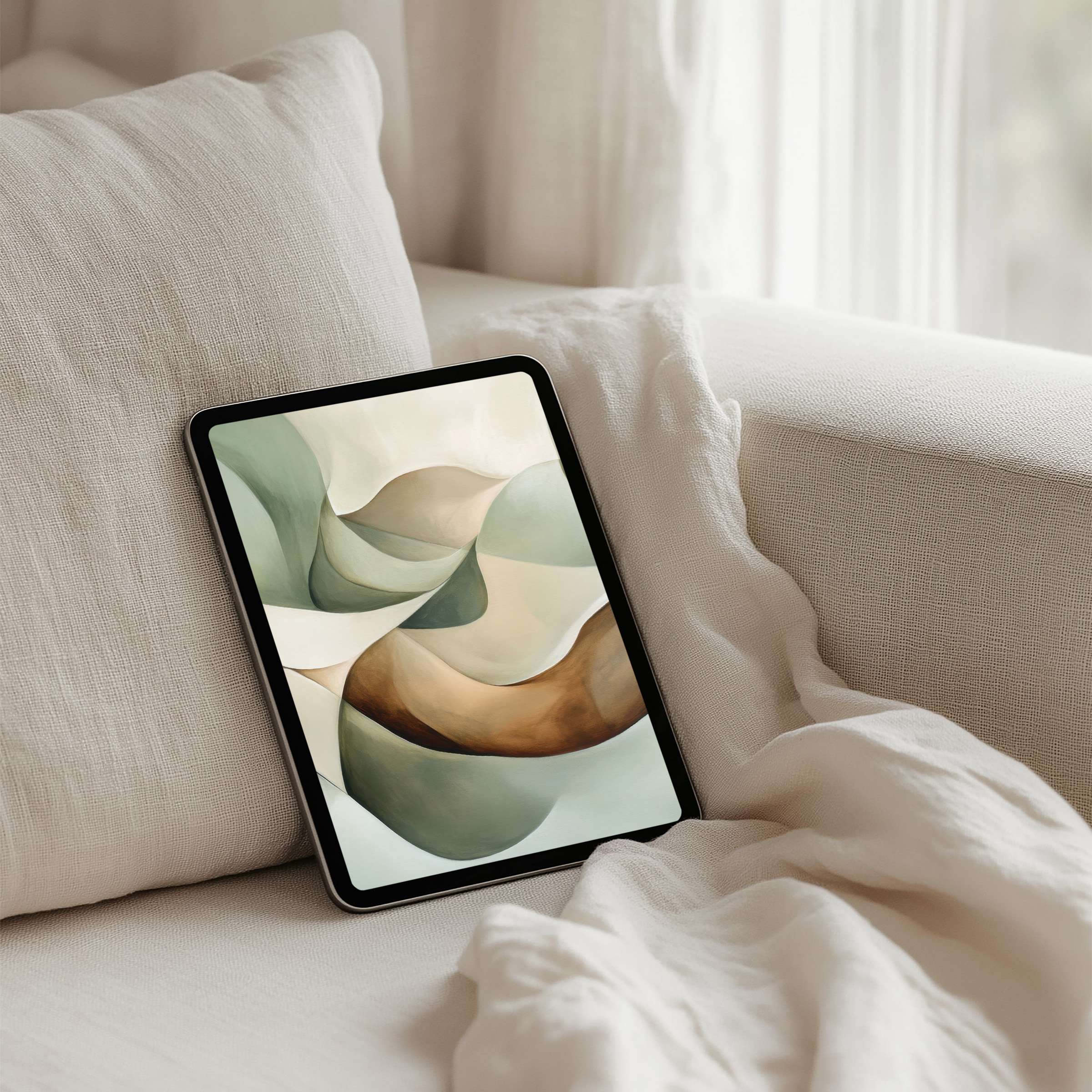 Elegant abstract art in soft earthy tones offers a serene iPad background for instant download, fitting any tablet aesthetic