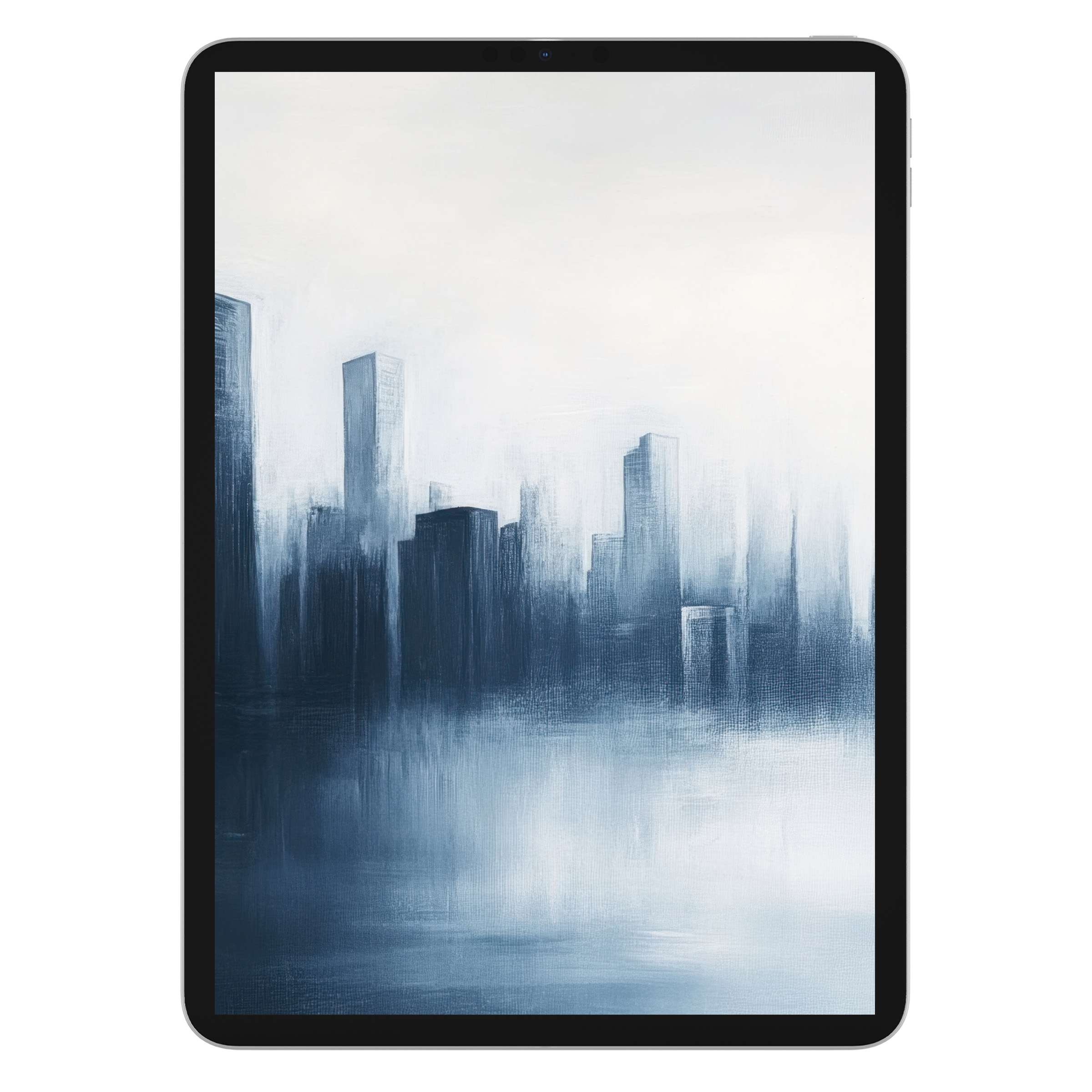 Modern iPad wallpaper with abstract urban skyline in misty blues, perfect digital download background for tablet calm aesthetics