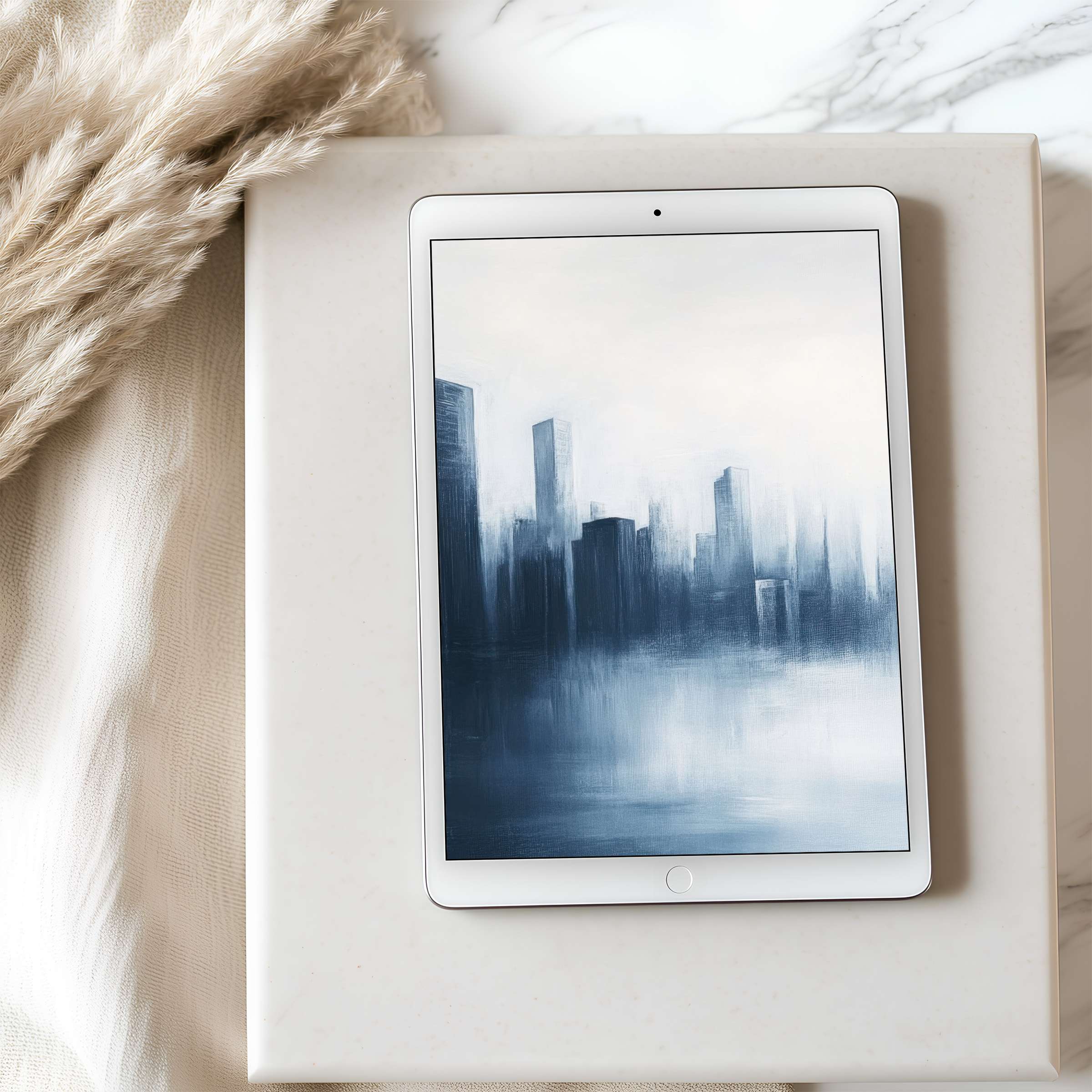 Elegant tablet wallpaper featuring a serene, misty cityscape in calming blues and grays, perfect for high-resolution iPad displays