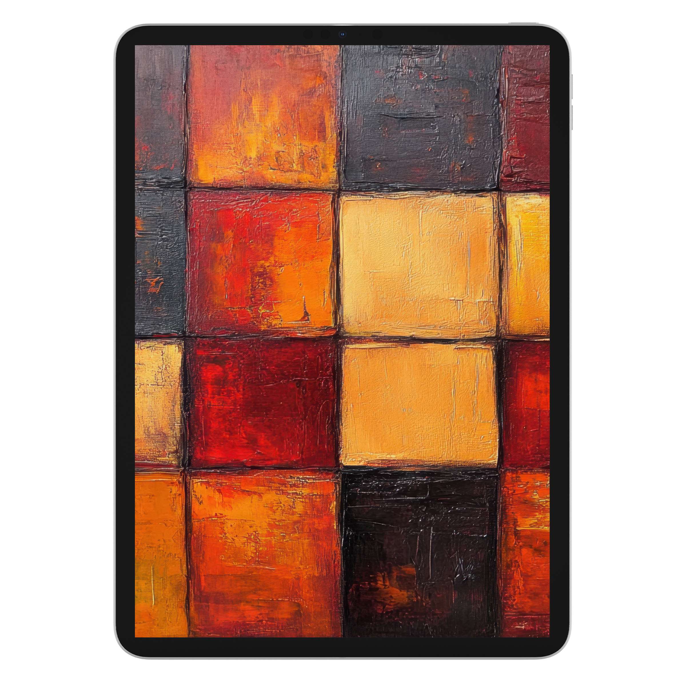 Vibrant modern iPad wallpaper featuring a textured geometric pattern with warm reds and oranges perfect digital download for tablet background