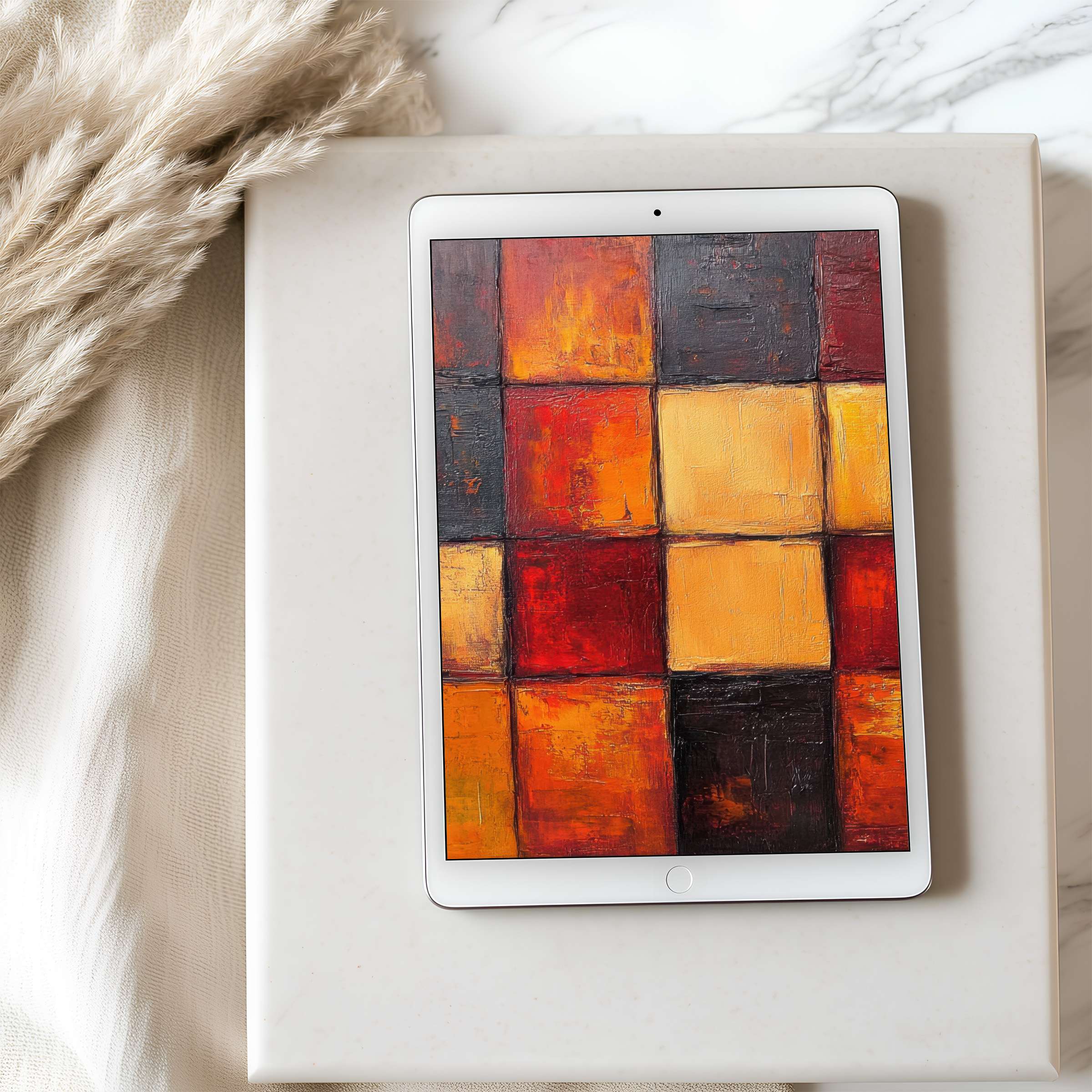 Elegant abstract tablet wallpaper in high resolution with warm reds and oranges, ideal for iPad digital download, enhancing calm interiors