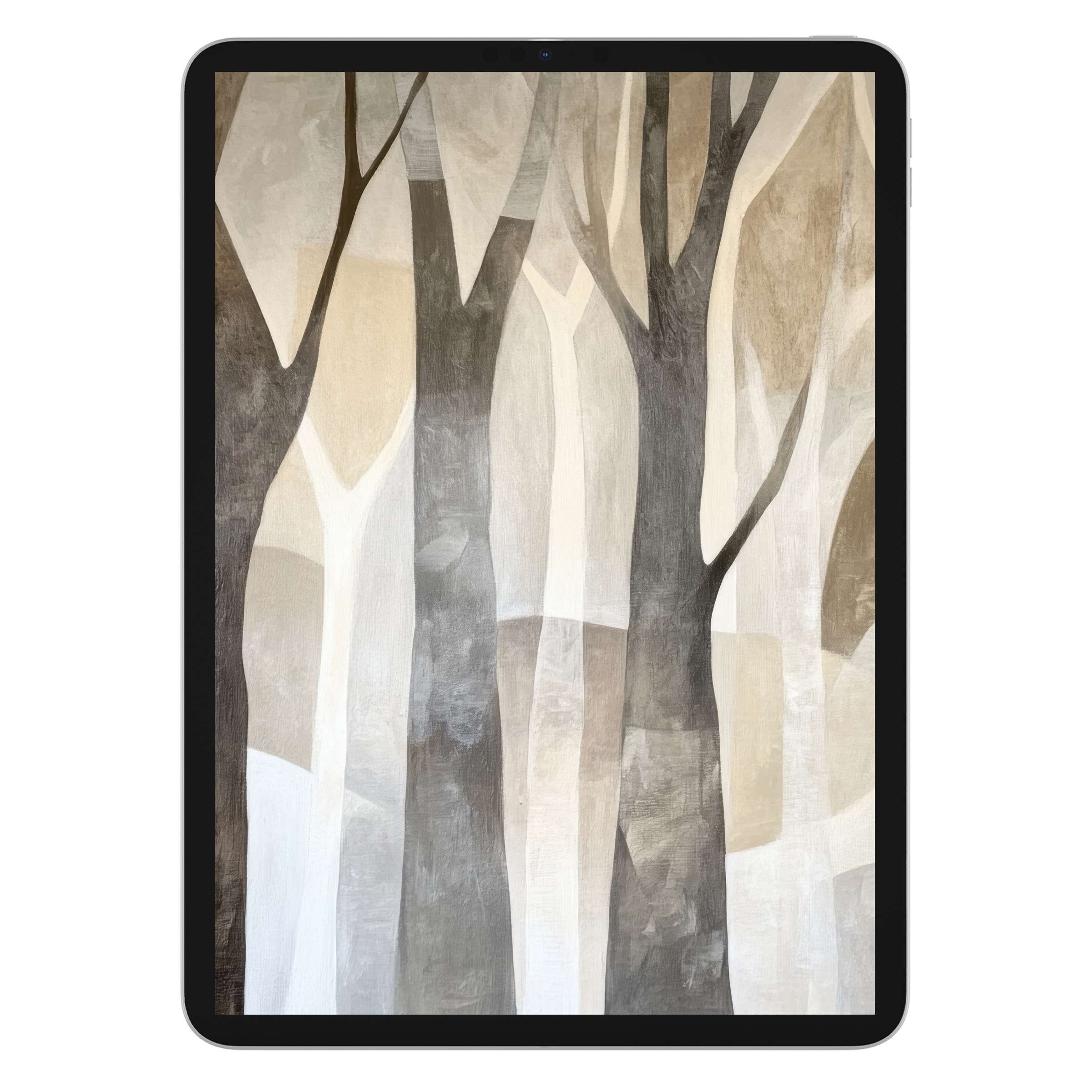 Modern iPad wallpaper digital download featuring abstract trees in earthy tones, perfect tablet background for calming aesthetics