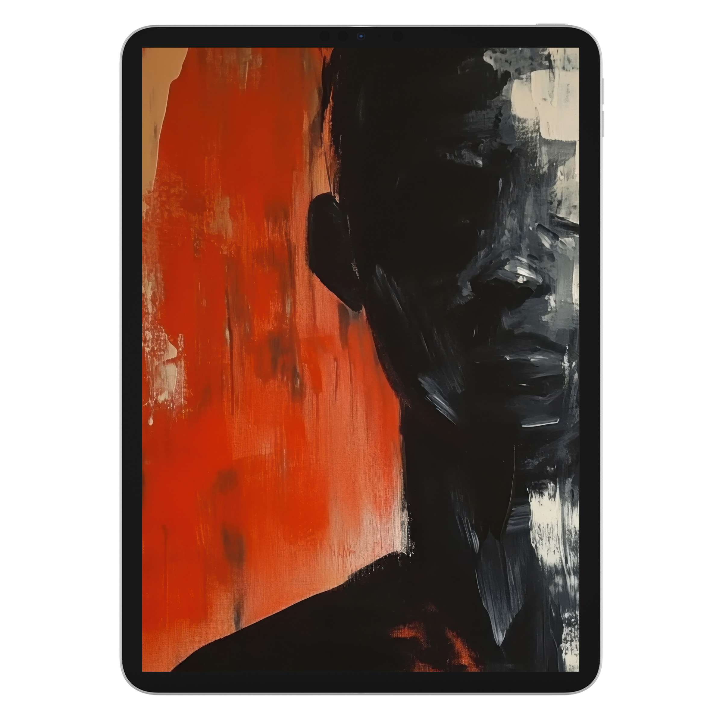 Vibrant abstract modern iPad wallpaper featuring bold red and black brushstrokes, perfect as a digital download for tablet background art