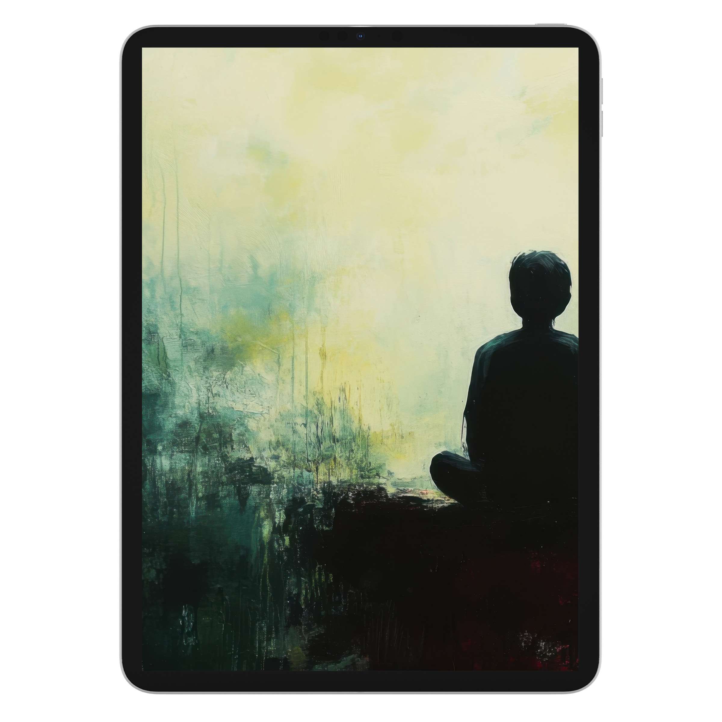 Calm and serene modern iPad wallpaper showcasing a silhouette in meditative pose with artistic textures, ideal tablet background digital download