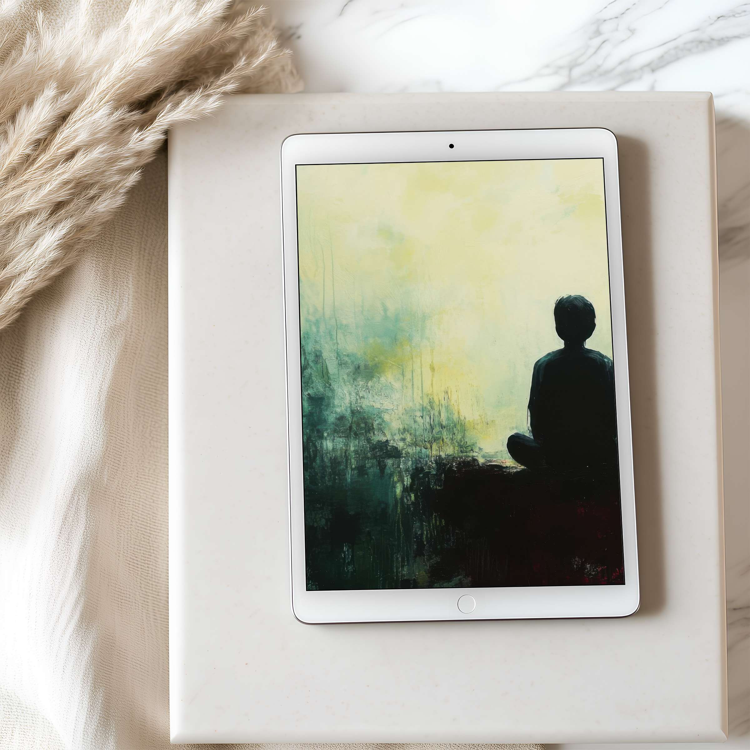 Elegant abstract tablet wallpaper with serene silhouette on serene gold and green canvas high resolution perfect for iPads and tablets