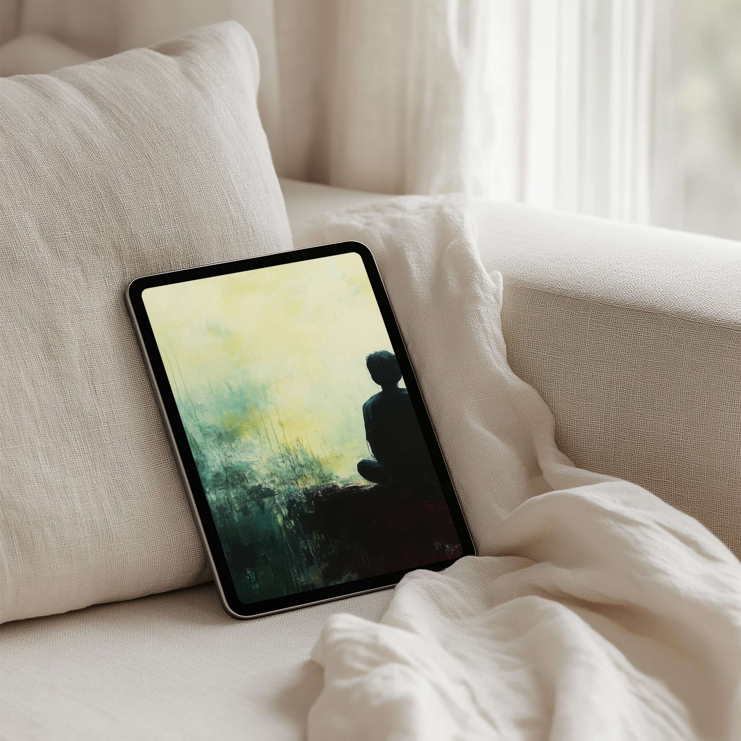 Elegant iPad background featuring a serene silhouette and calming colors for mindful focus on any tablet instant download