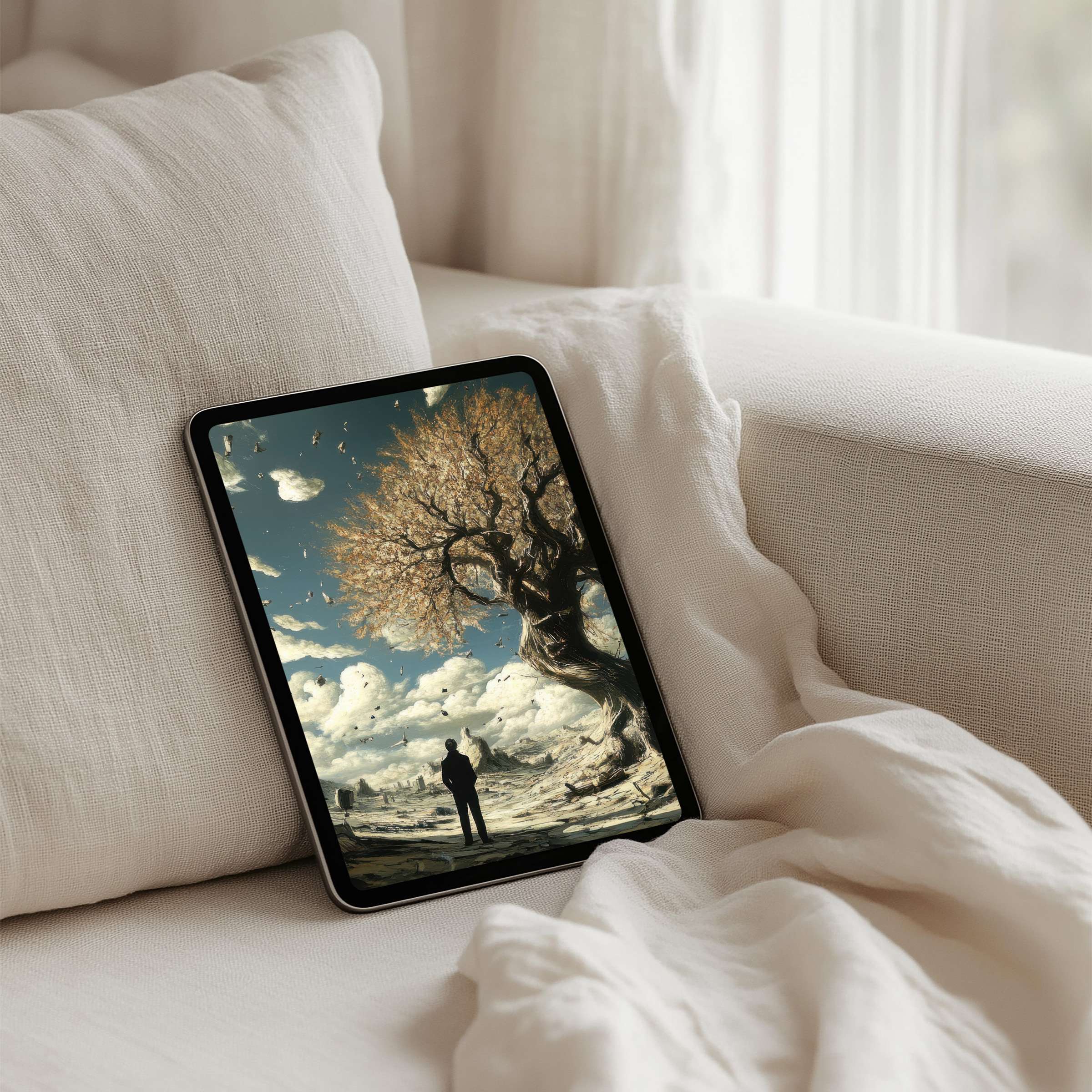 Elegant iPad background featuring a serene landscape with a majestic tree for instant download, perfect for any tablet user seeking calm inspiration