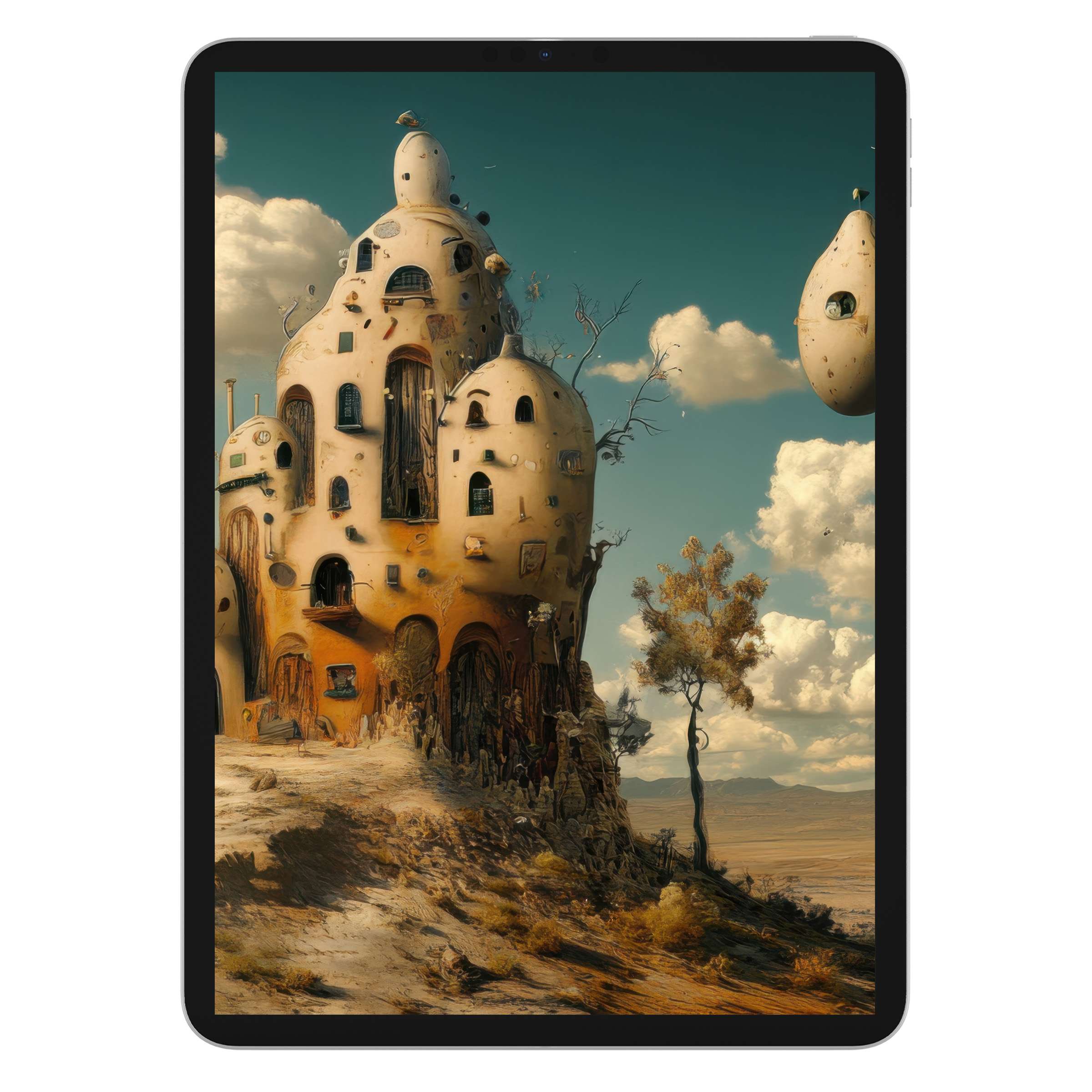 Surreal modern iPad wallpaper features whimsical clay structure under teal sky, ideal digital download for tablets and calm backgrounds