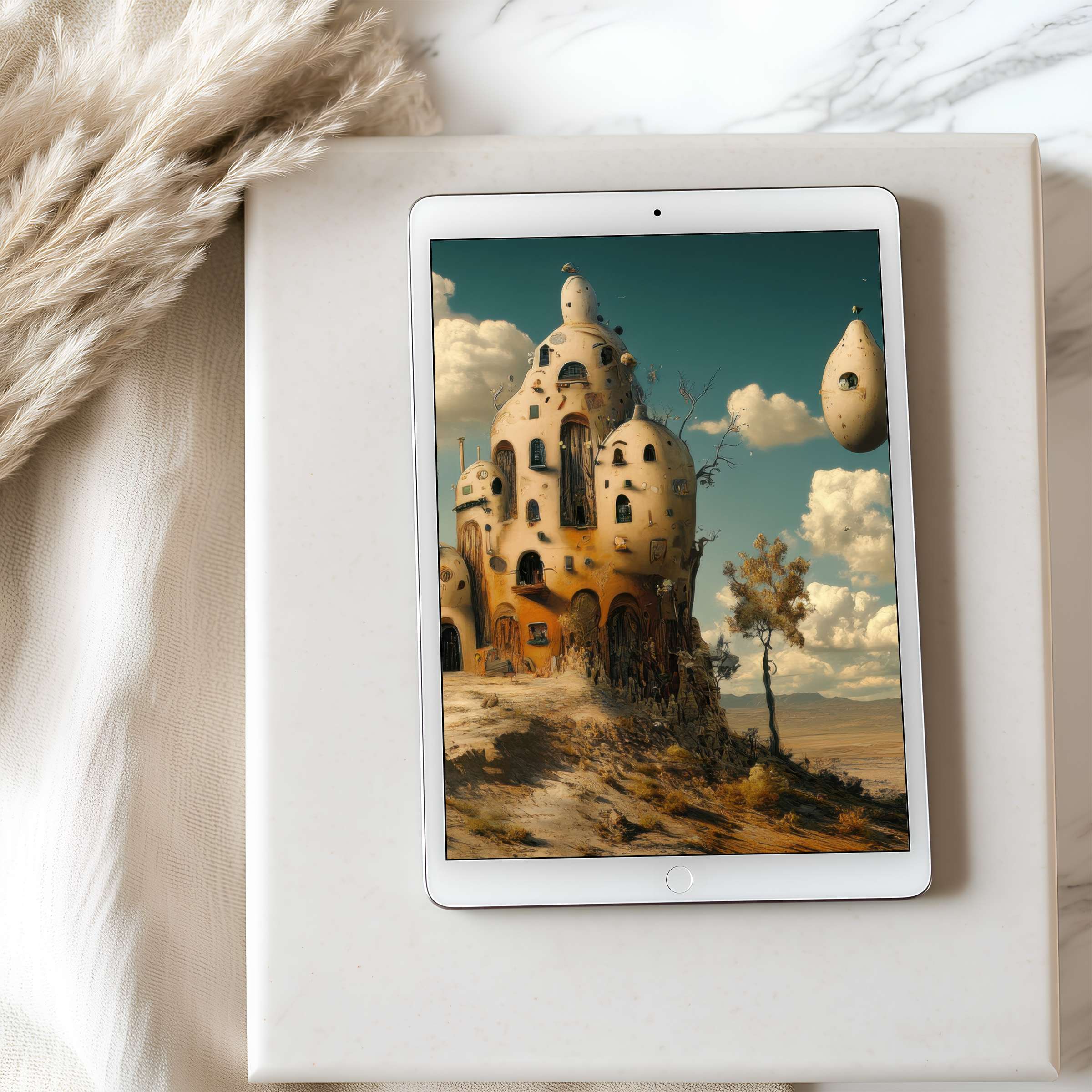Elegant tablet wallpaper featuring a surreal, earthy castle under a blue sky, perfect for high resolution iPad digital download