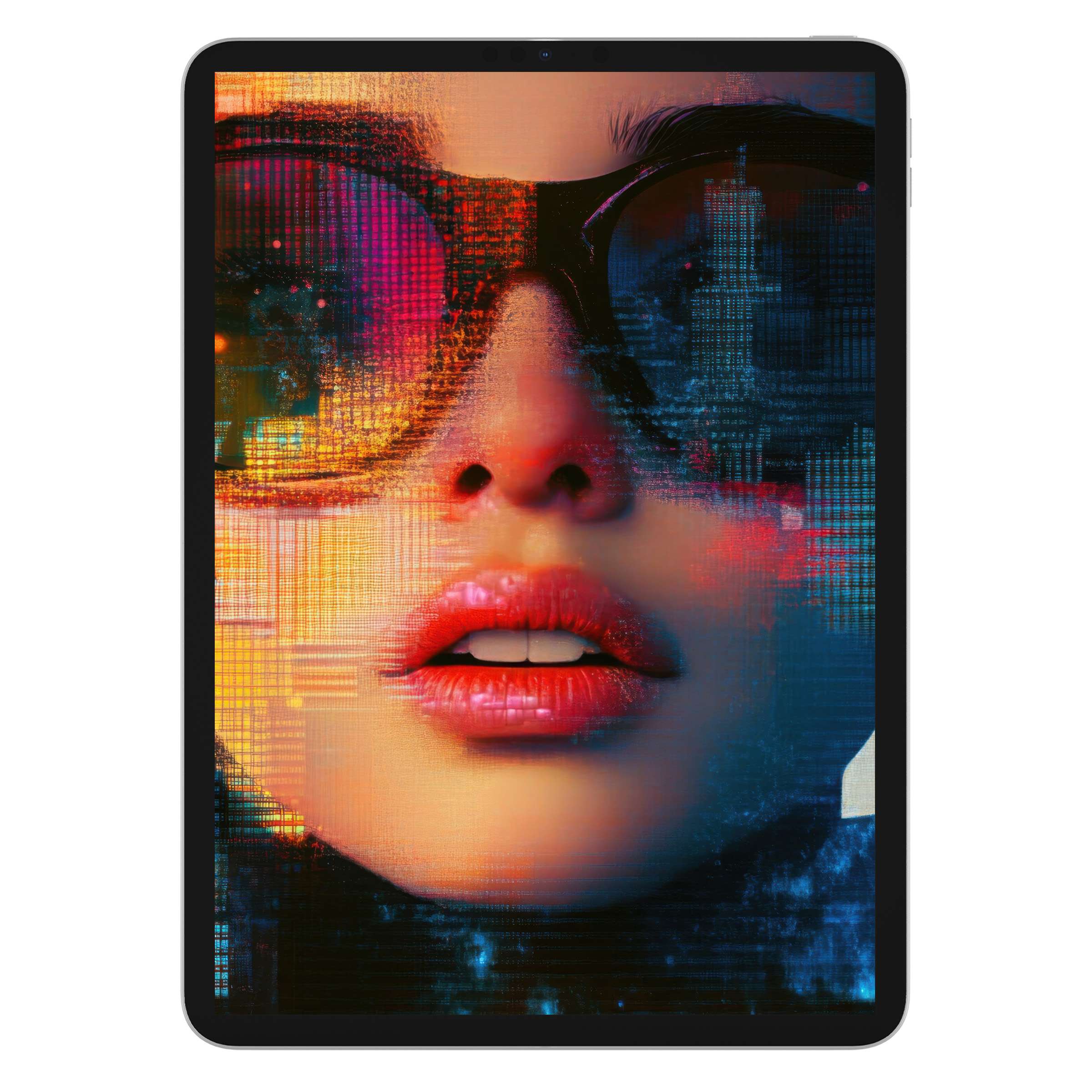 Vibrant modern iPad wallpaper with a digital art portrait, perfect for tablet background and digital download on any device