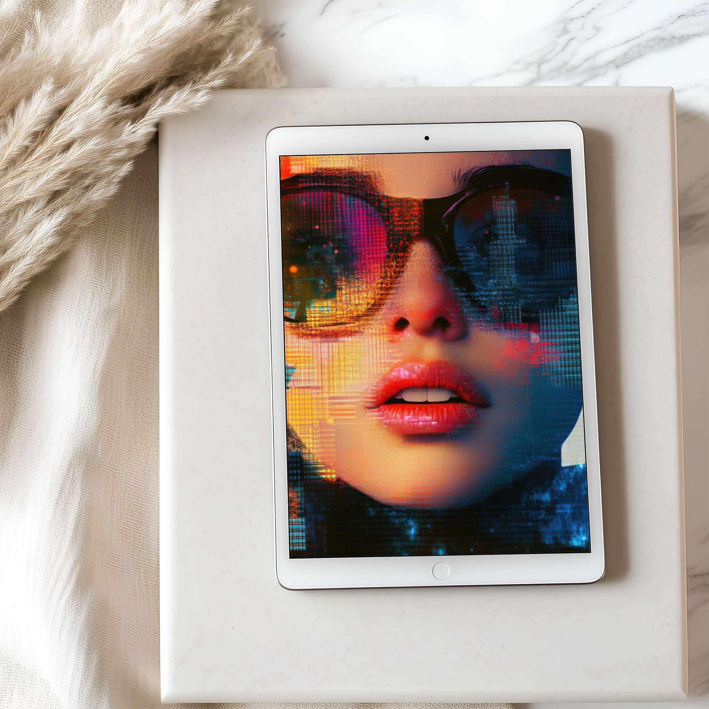 Vibrant tablet wallpaper featuring digital art of a colorful face, perfect for iPad or Android tablets, enhancing elegance and ambiance