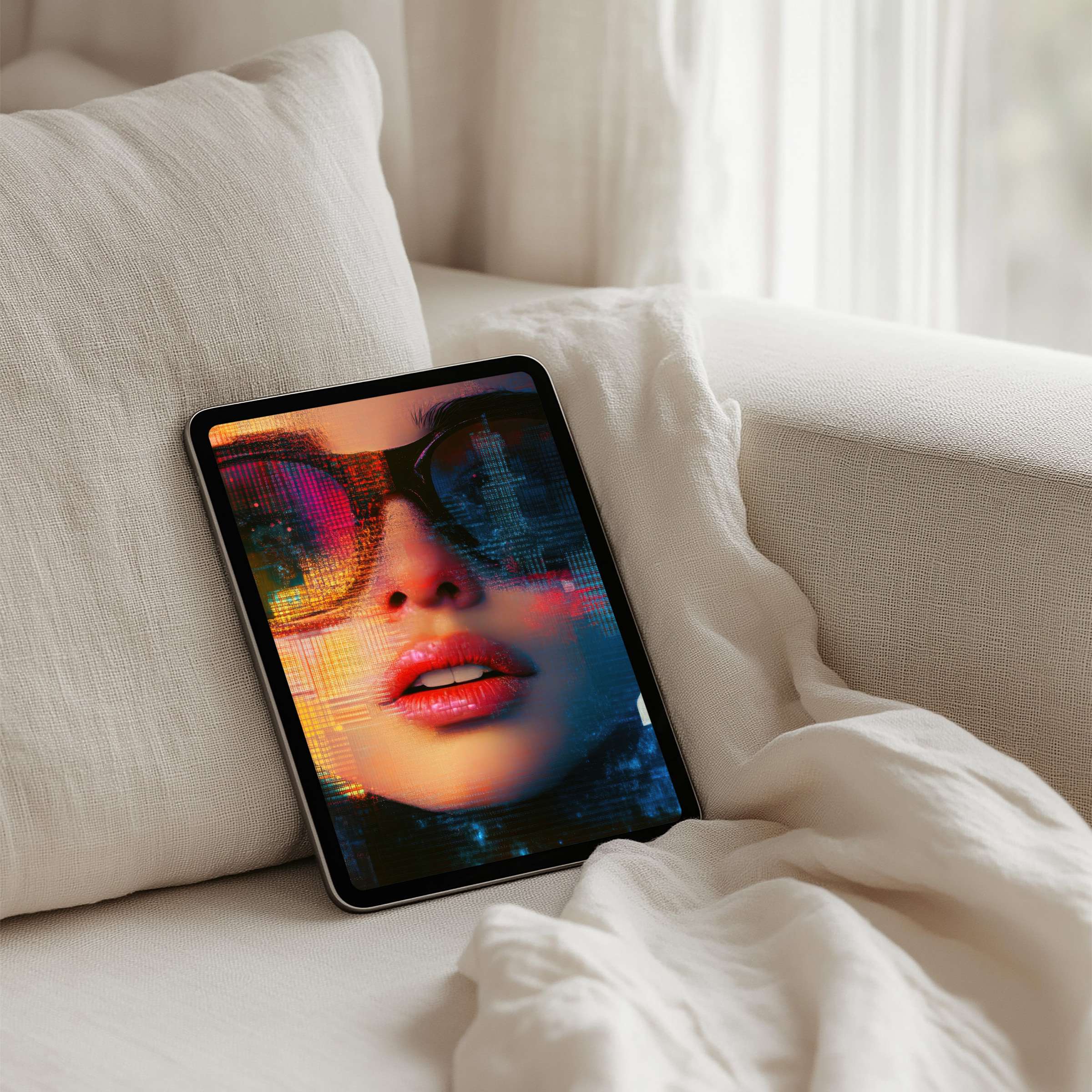 Elegant digital art of a vibrant face on tablet for iPad background offers instant download for a calm, inspired aesthetic