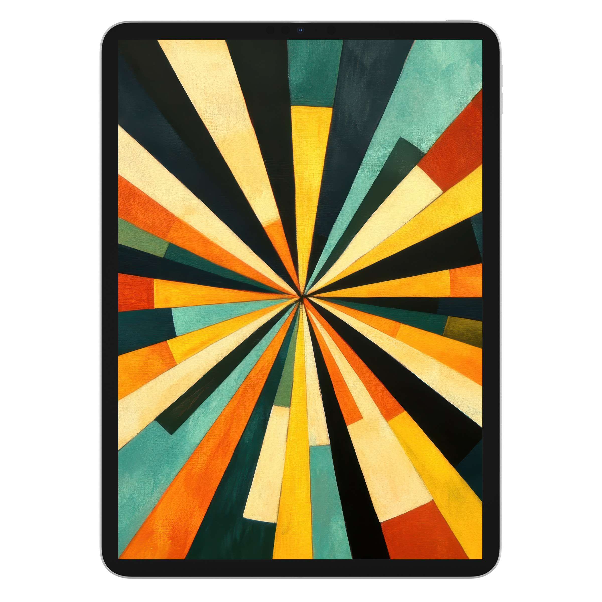 Modern iPad wallpaper with abstract radial design in teal, orange, yellow adds an inspiring touch for tablets, digital download background