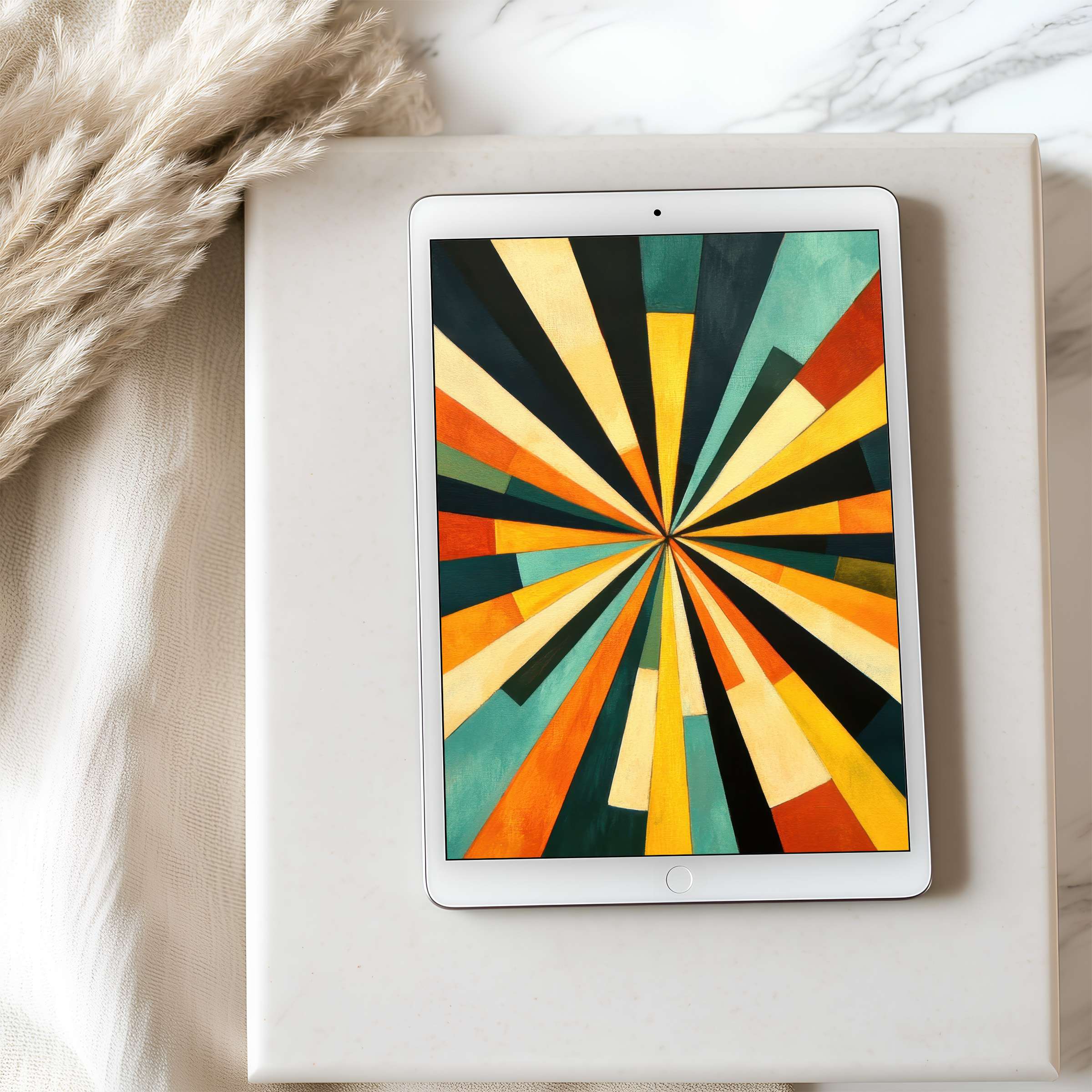 Elegant geometric tablet wallpaper with vibrant colors captures calm, ideal for high-resolution digital download for iPad or Android tablets