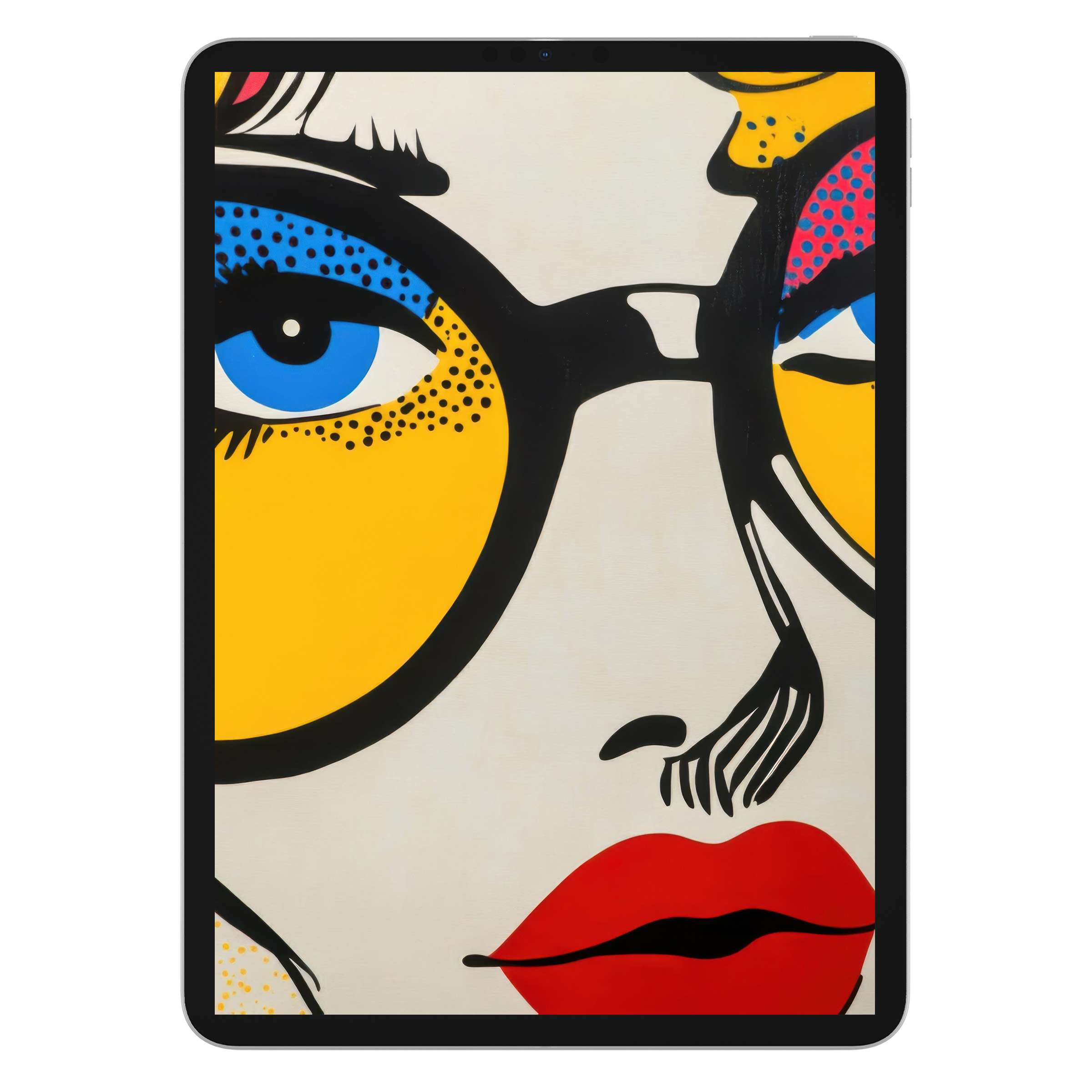 Vibrant pop art of a woman's face creates an inspiring modern iPad wallpaper for tablets, blending bold colors for a digital download background