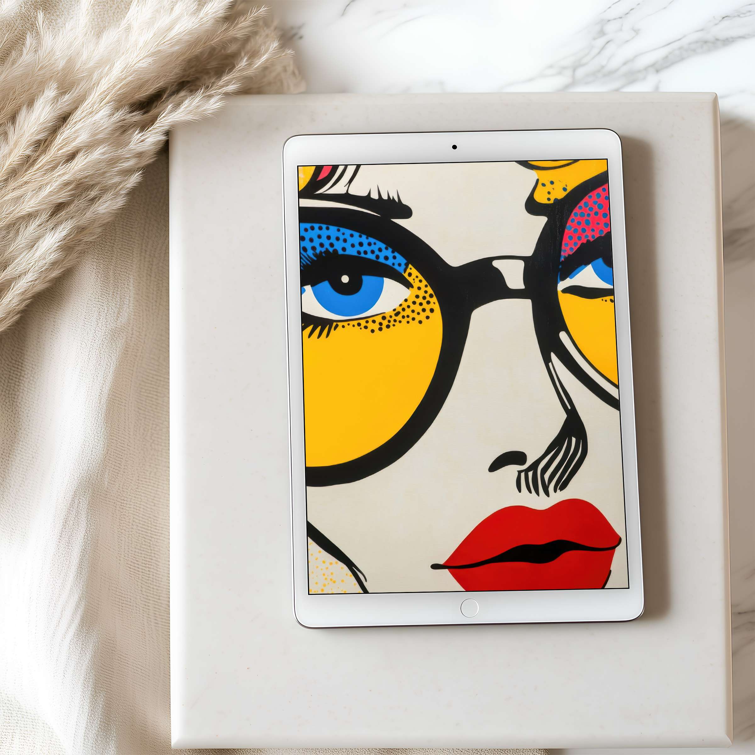 Vibrant pop art face as a tablet wallpaper, perfect for iPad and Android, offering high resolution digital download for stylish spaces