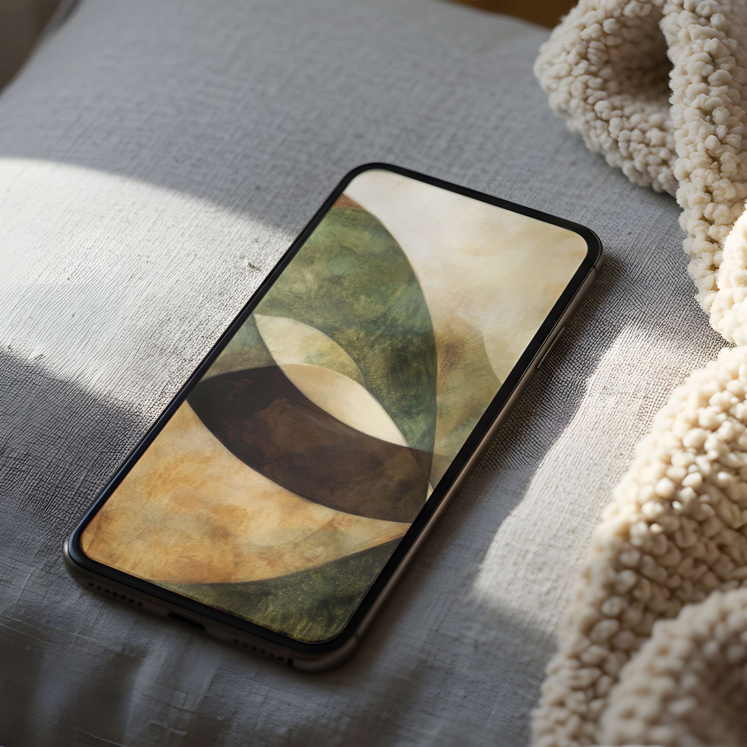 Elegant abstract phone wallpaper with earthy tones and curves, perfect for high-resolution iPhone and Android download, enhances calmness