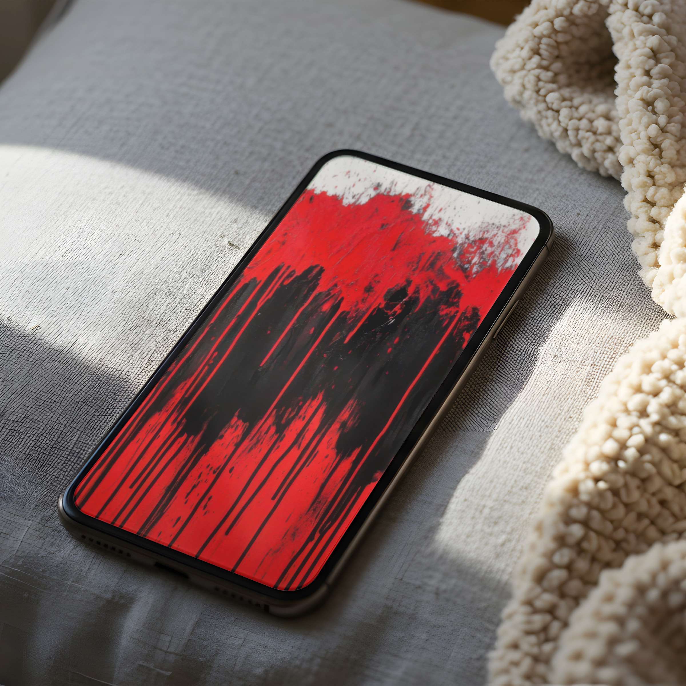 Vibrant phone wallpaper with bold red and black abstract art offers high resolution, calming aesthetics, perfect for iPhone or Android