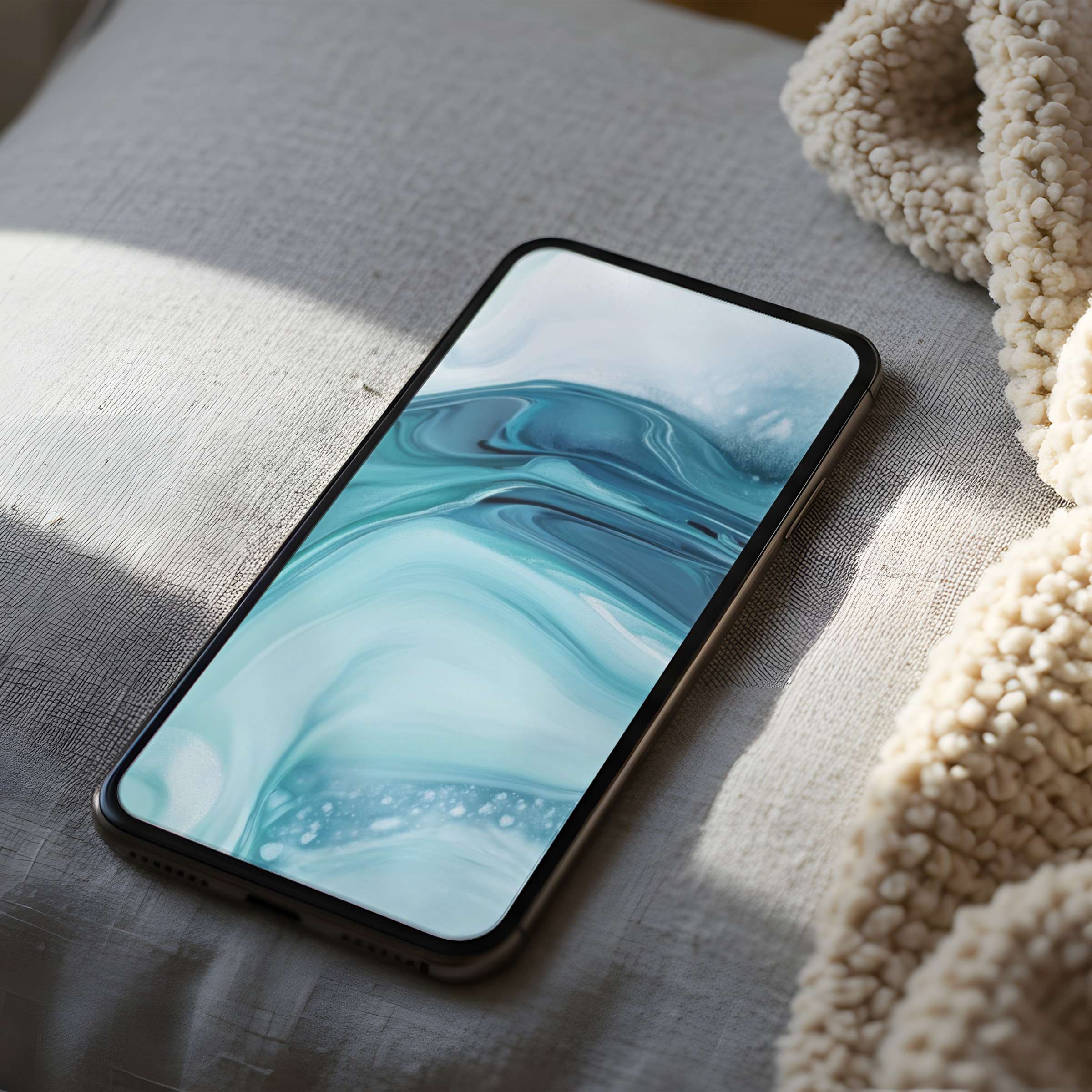 Elegant teal and white abstract phone wallpaper in high resolution on a cozy bed setting suitable for iPhone and android phones
