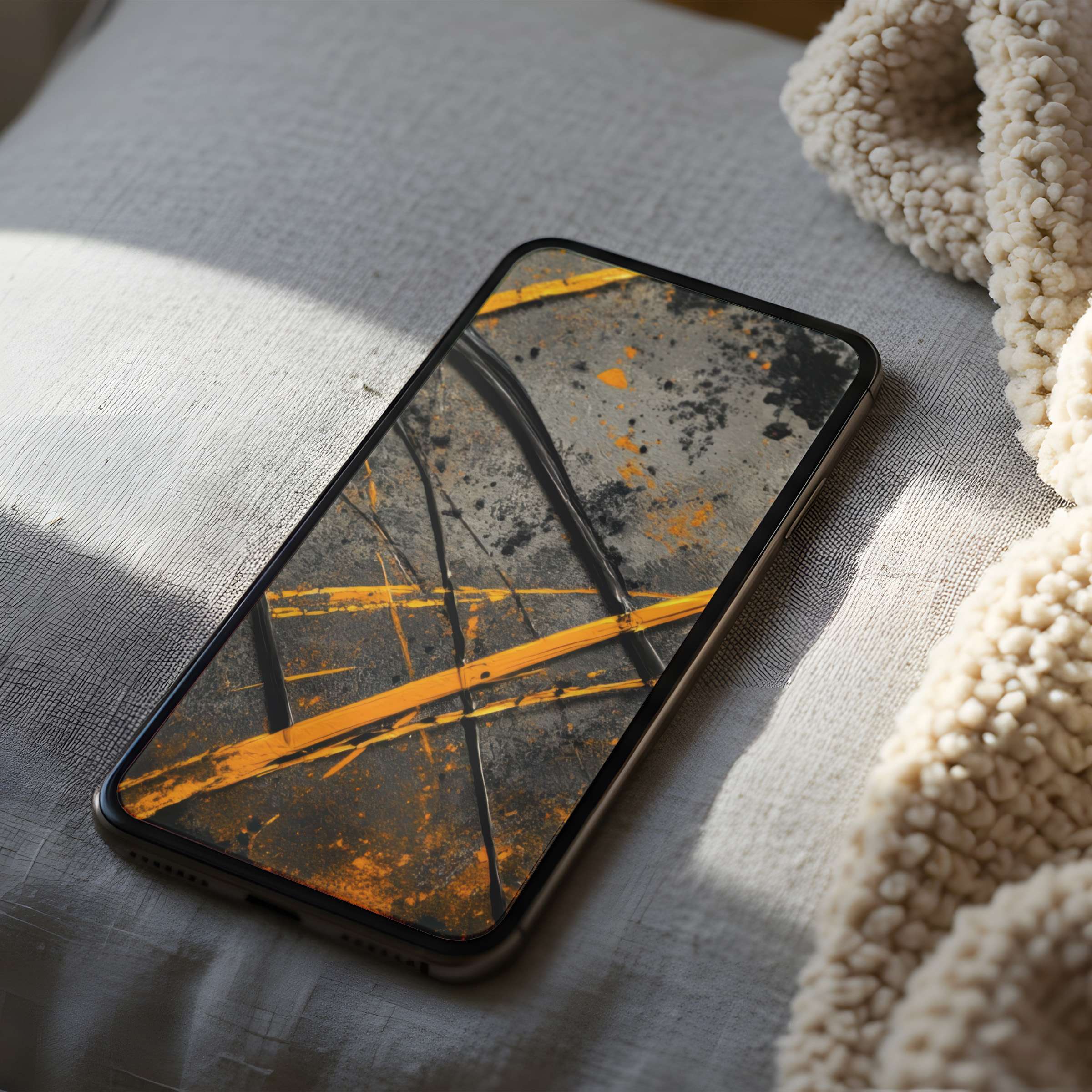 Elegant abstract phone wallpaper with bold orange and black strokes on gray, perfect for iPhone and Android digital download users