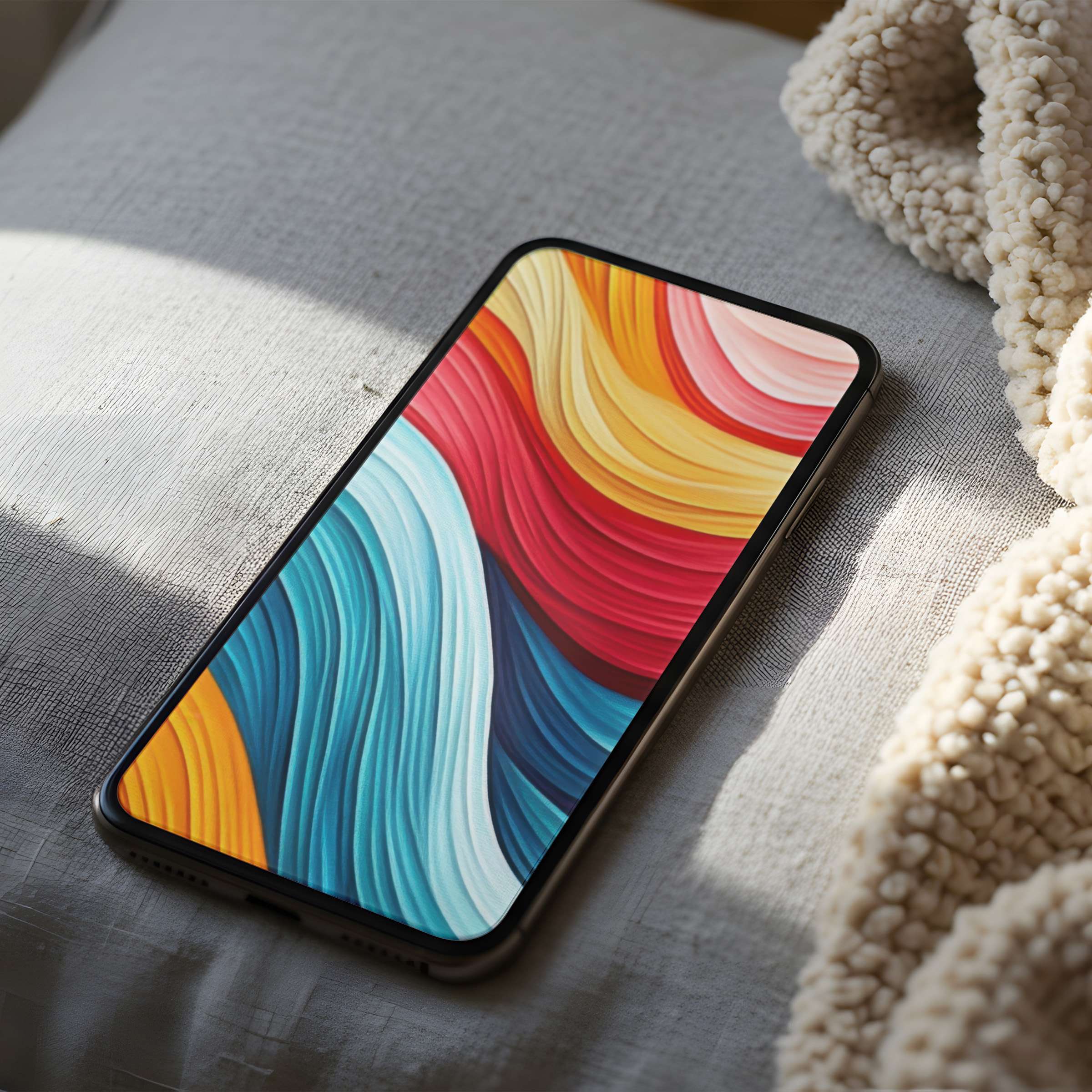 Vibrant abstract phone wallpaper with dynamic rainbow swirls, high resolution for iPhone and Android, offering serenity in any setting