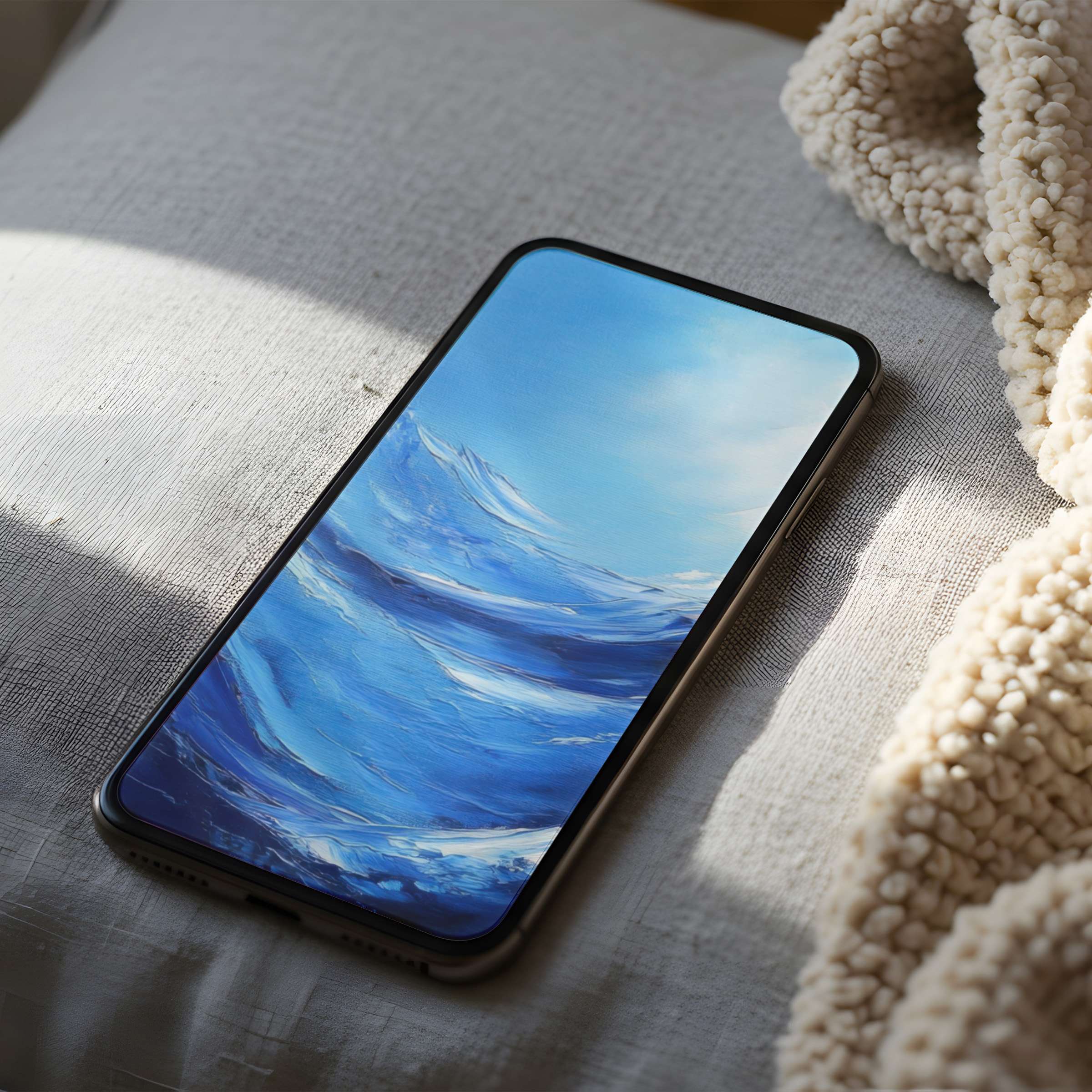 Elegant blue wave phone wallpaper, high resolution art for iPhone and Android, creating calm in sustainable digital downloads