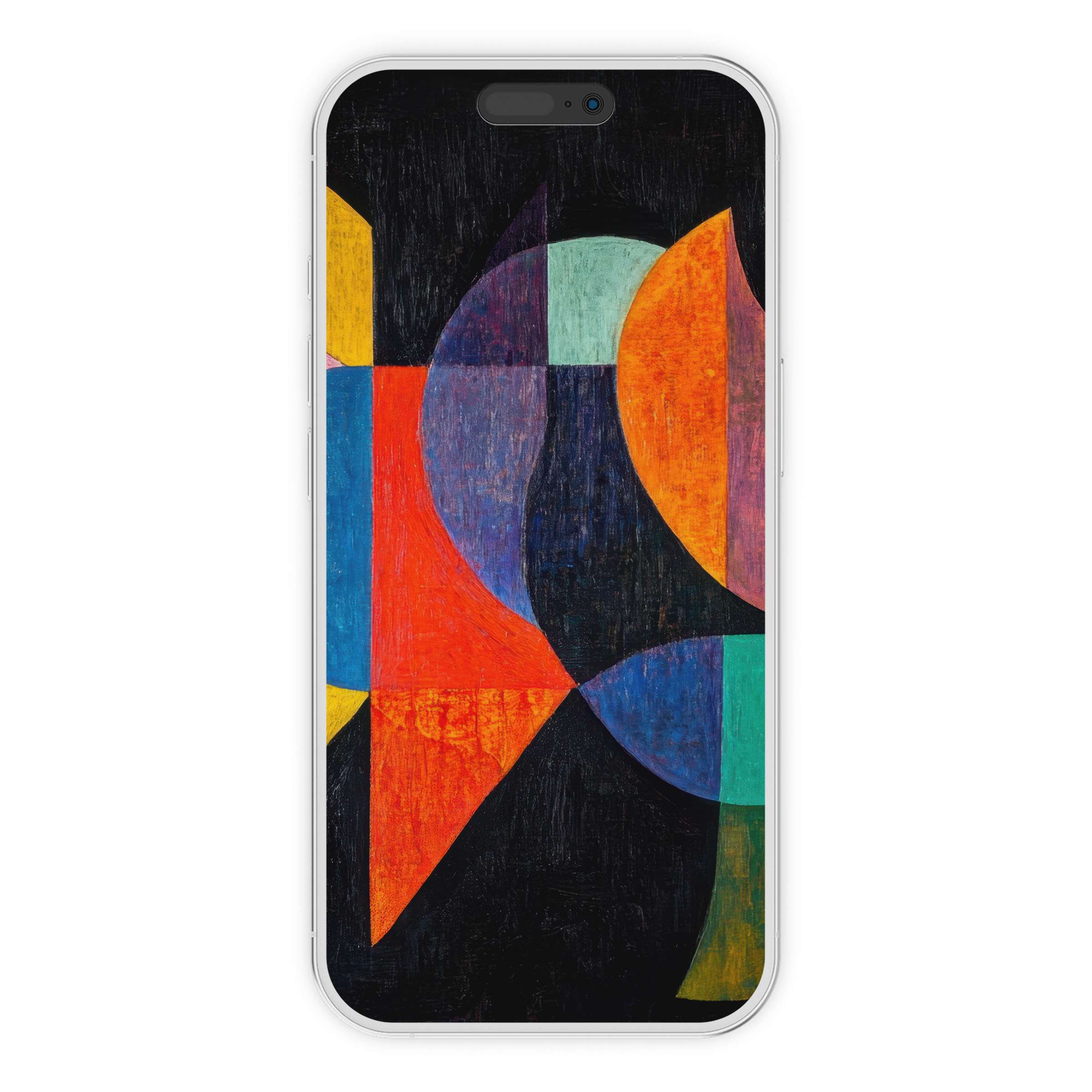 Modern iPhone wallpaper featuring vibrant geometric shapes in bold colors, offering a serene digital download phone background