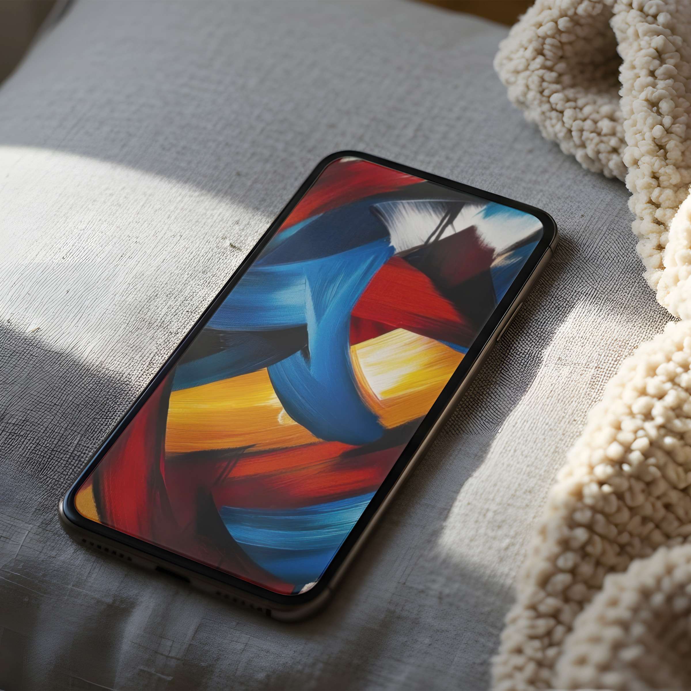 Elegant abstract phone wallpaper with vibrant red, blue, and yellow swirls, perfectly suited for iPhone and Android digital download use