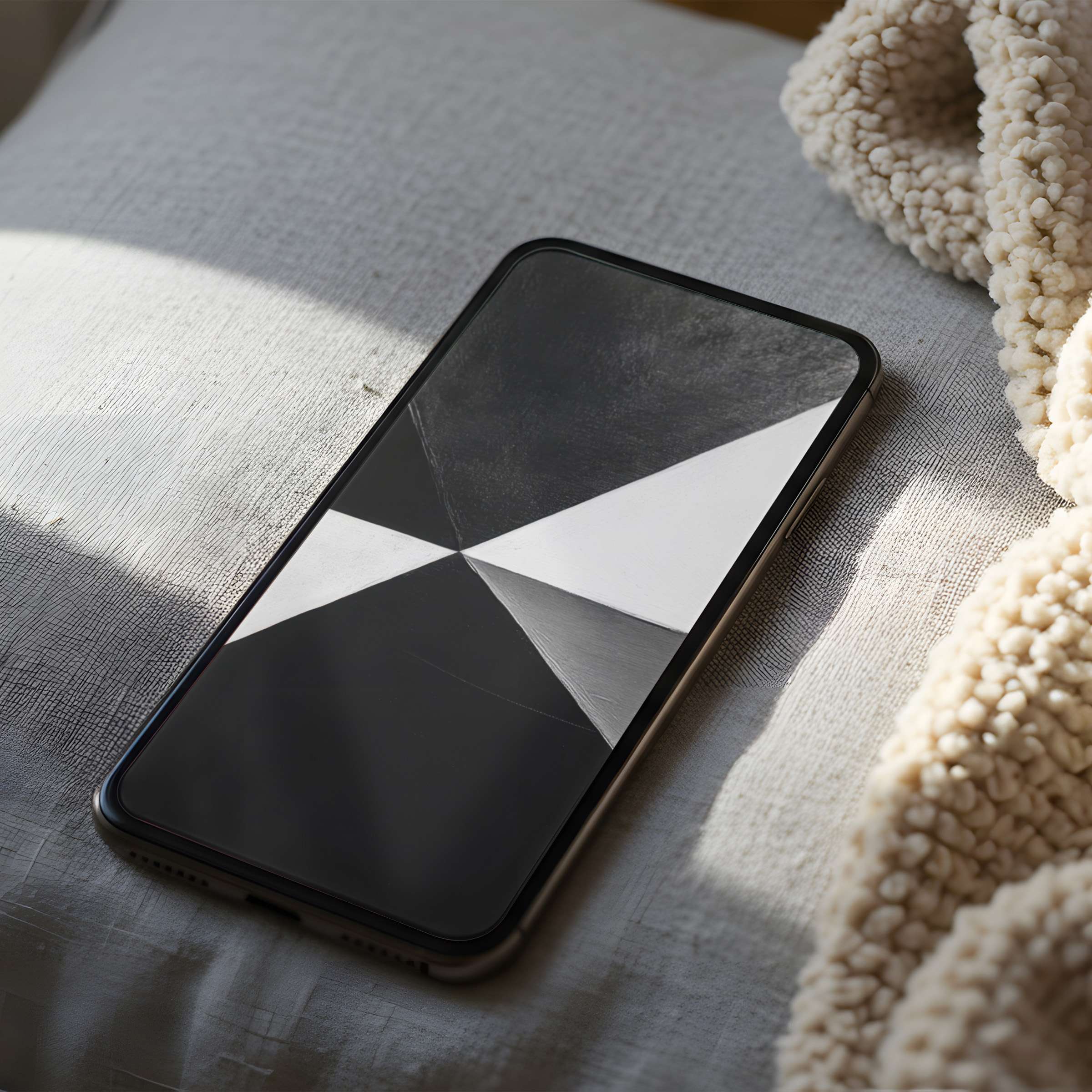 Minimalist geometric phone wallpaper in high resolution on a cozy bed setting enhances tranquility suitable for iPhone and Android