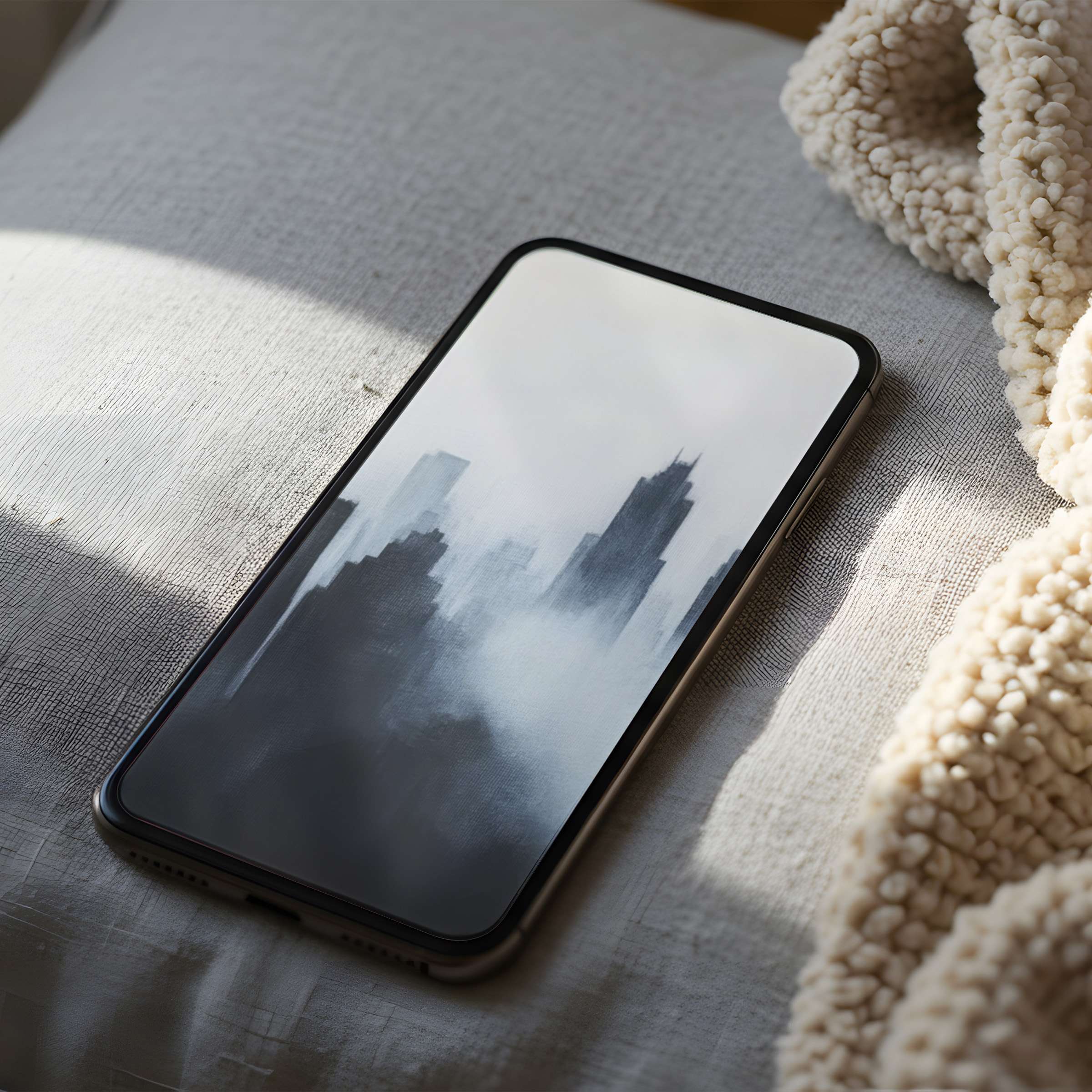 Foggy skyline phone wallpaper featuring calming monochrome cityscape art, perfect for iPhone and Android, high resolution download
