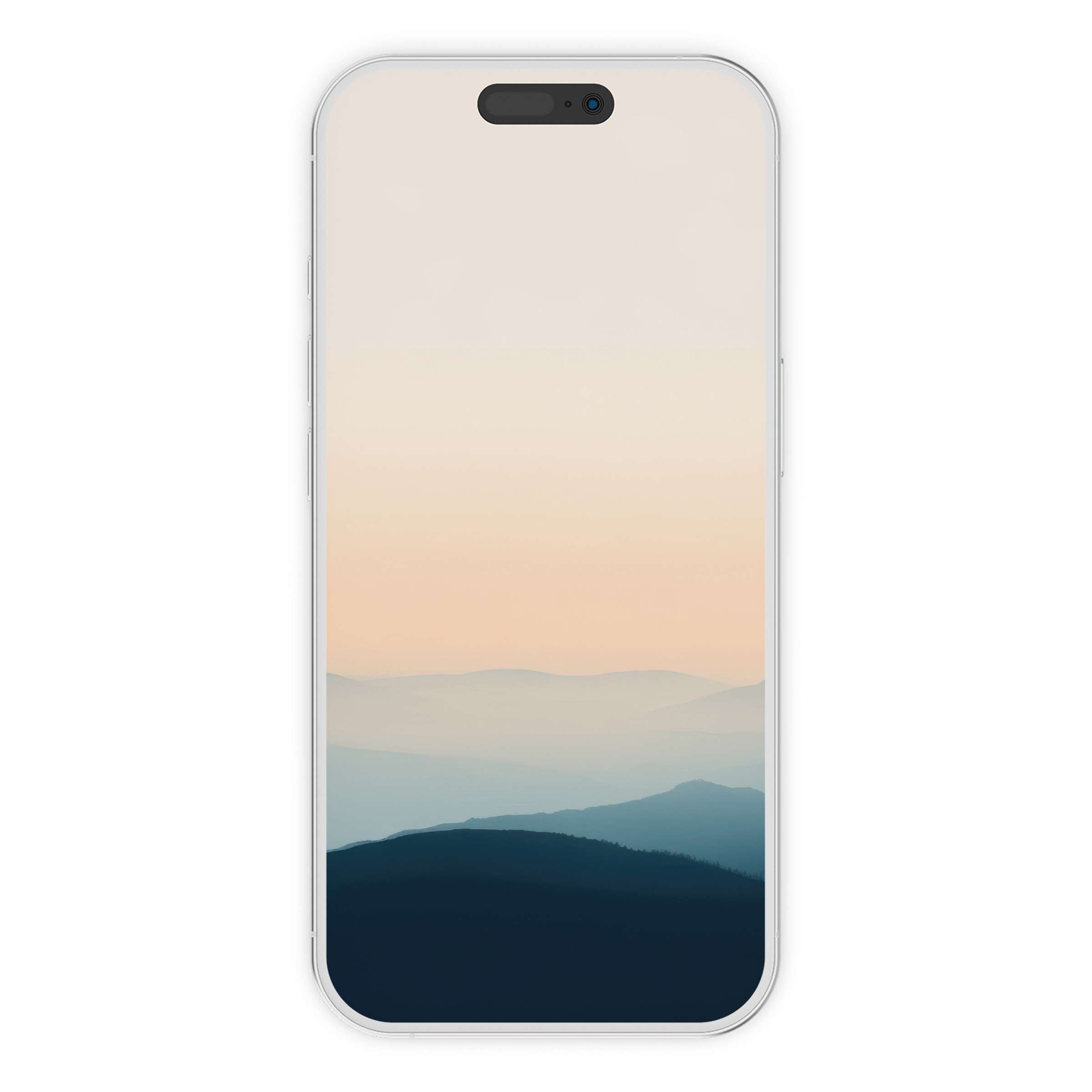 Tranquil modern iPhone wallpaper featuring gradient pastel hues over misty mountains, offering a calming digital download for phone background
