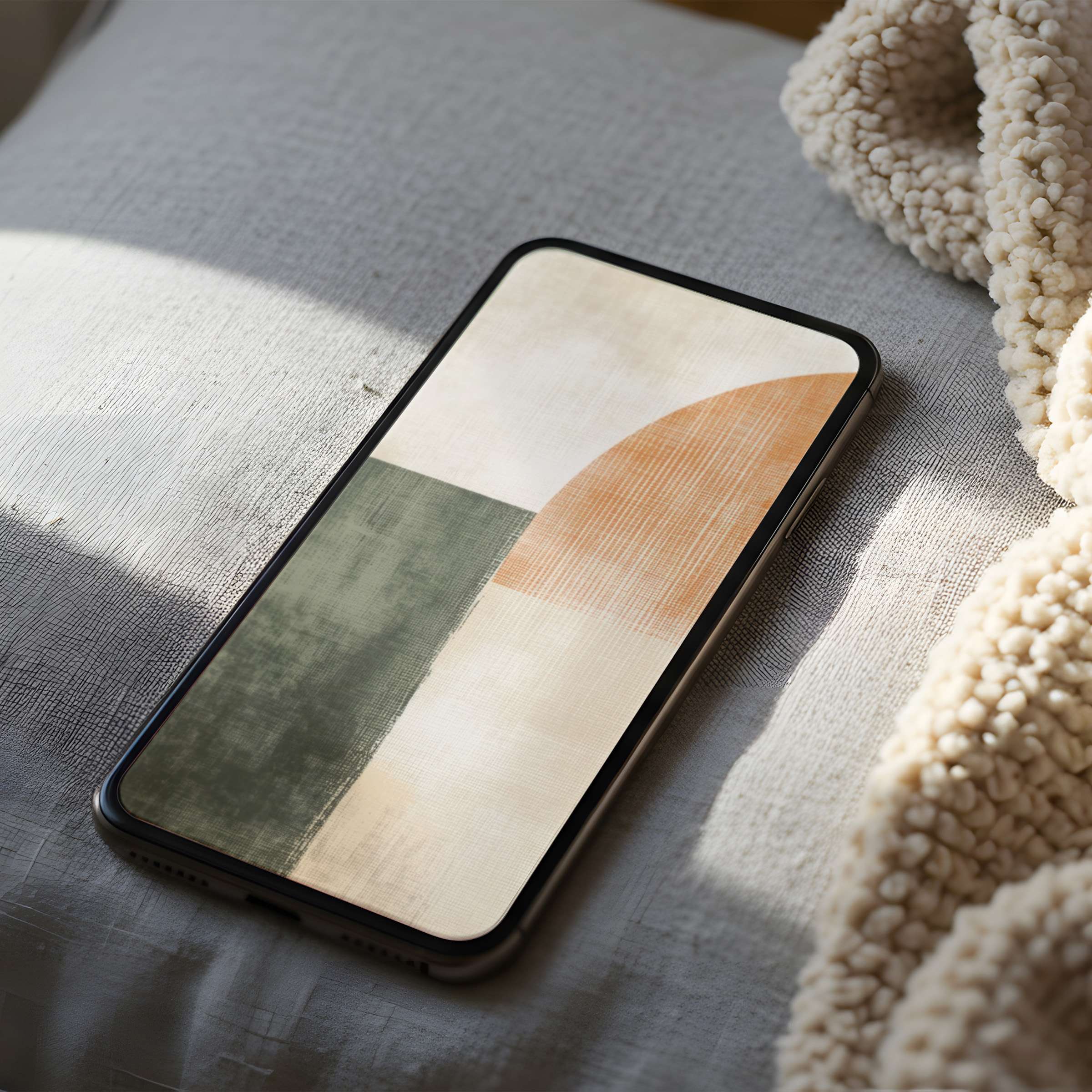 Elegant phone wallpaper in soft earth tones and geometric design on a cozy cushion setting suitable for iPhone and android download