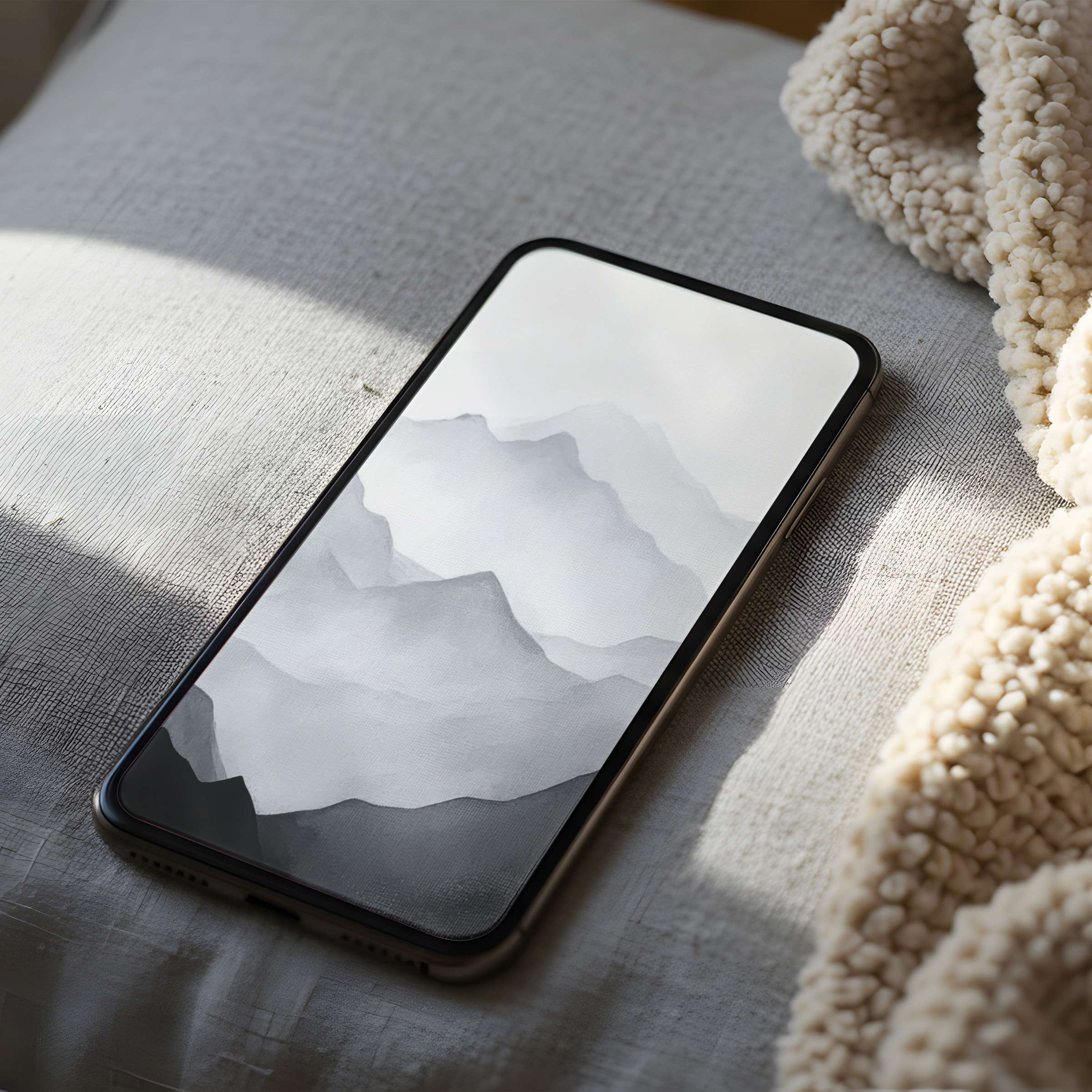 Elegant phone wallpaper featuring serene grayscale mountains, ideal for iPhone and Android, high resolution digital download for peace and style