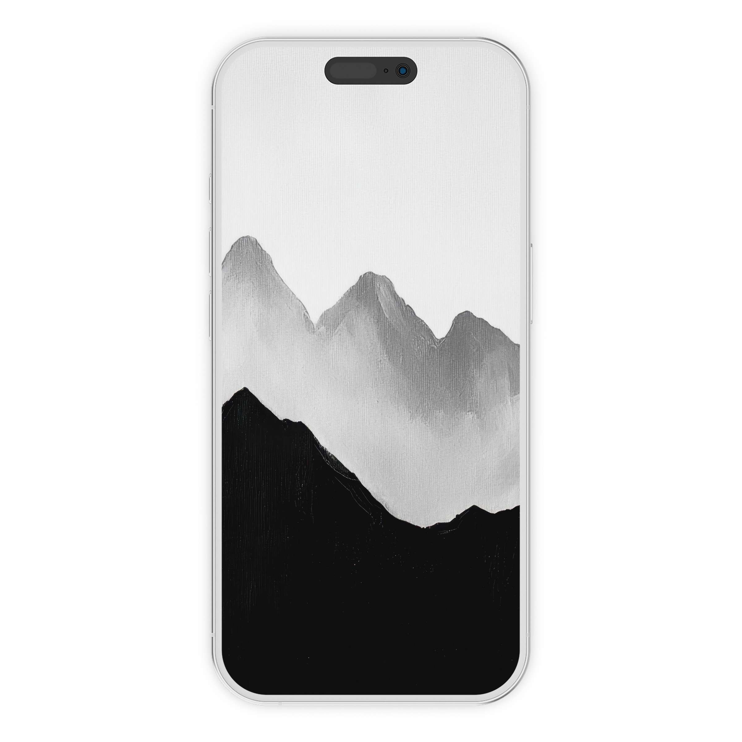 Modern iPhone wallpaper featuring serene grayscale mountain art, ideal phone background for digital download, suits any device