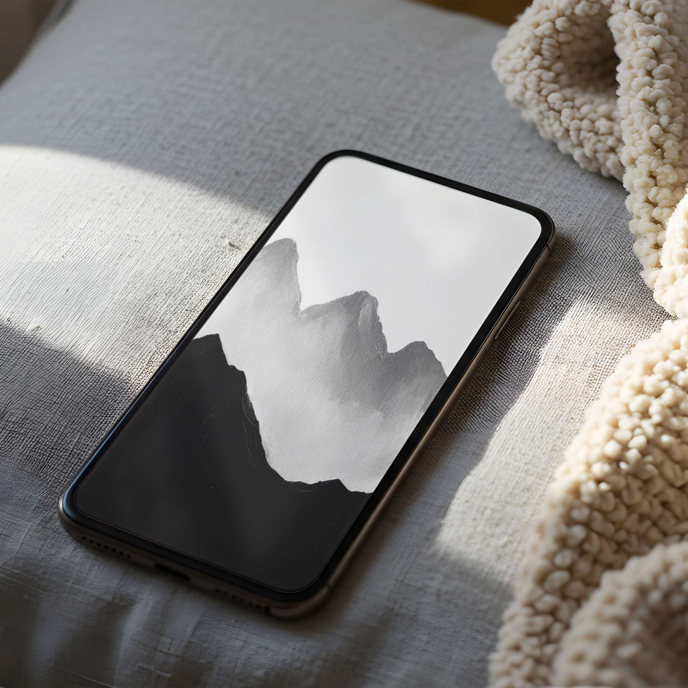 Modern mountain-themed phone wallpaper in elegant grayscale on soft bedding offers a serene, high resolution digital download suitable for iPhone