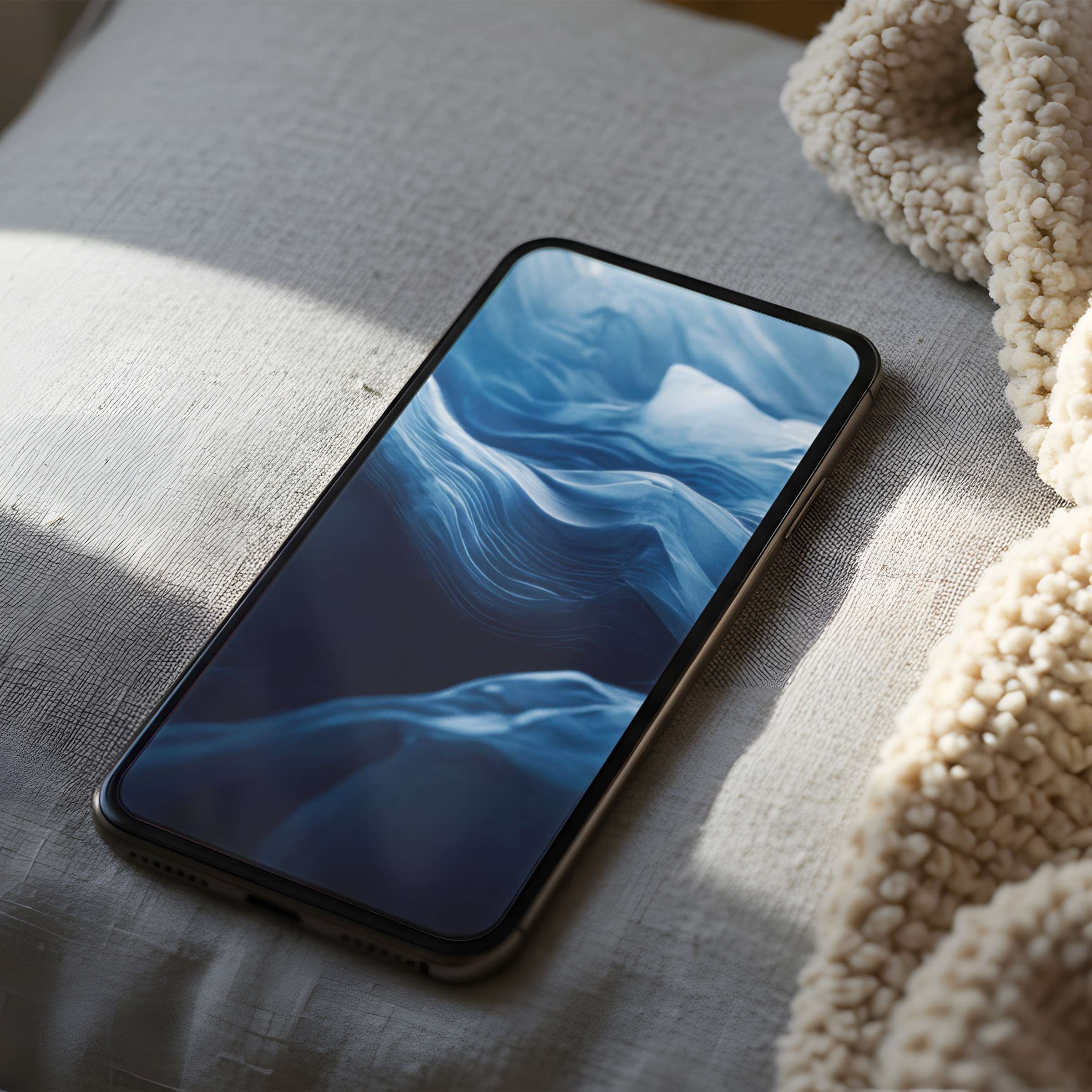 Elegant blue abstract design phone wallpaper on a sleek iPhone nestled in calming, cozy textures ideal for digital download
