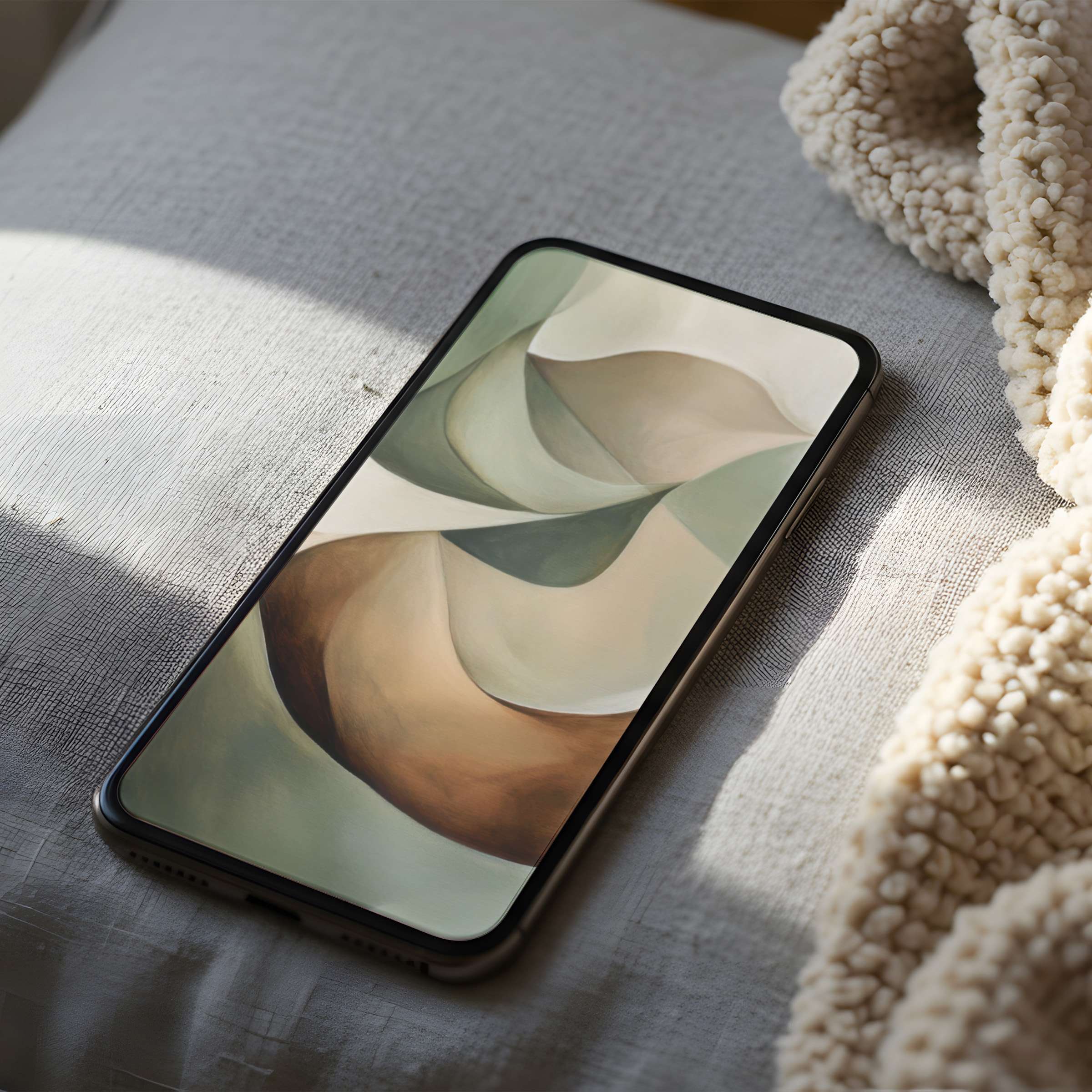Abstract phone wallpaper with earthy tones and flowing lines on linen surface offers a calming aesthetic for high-resolution digital download