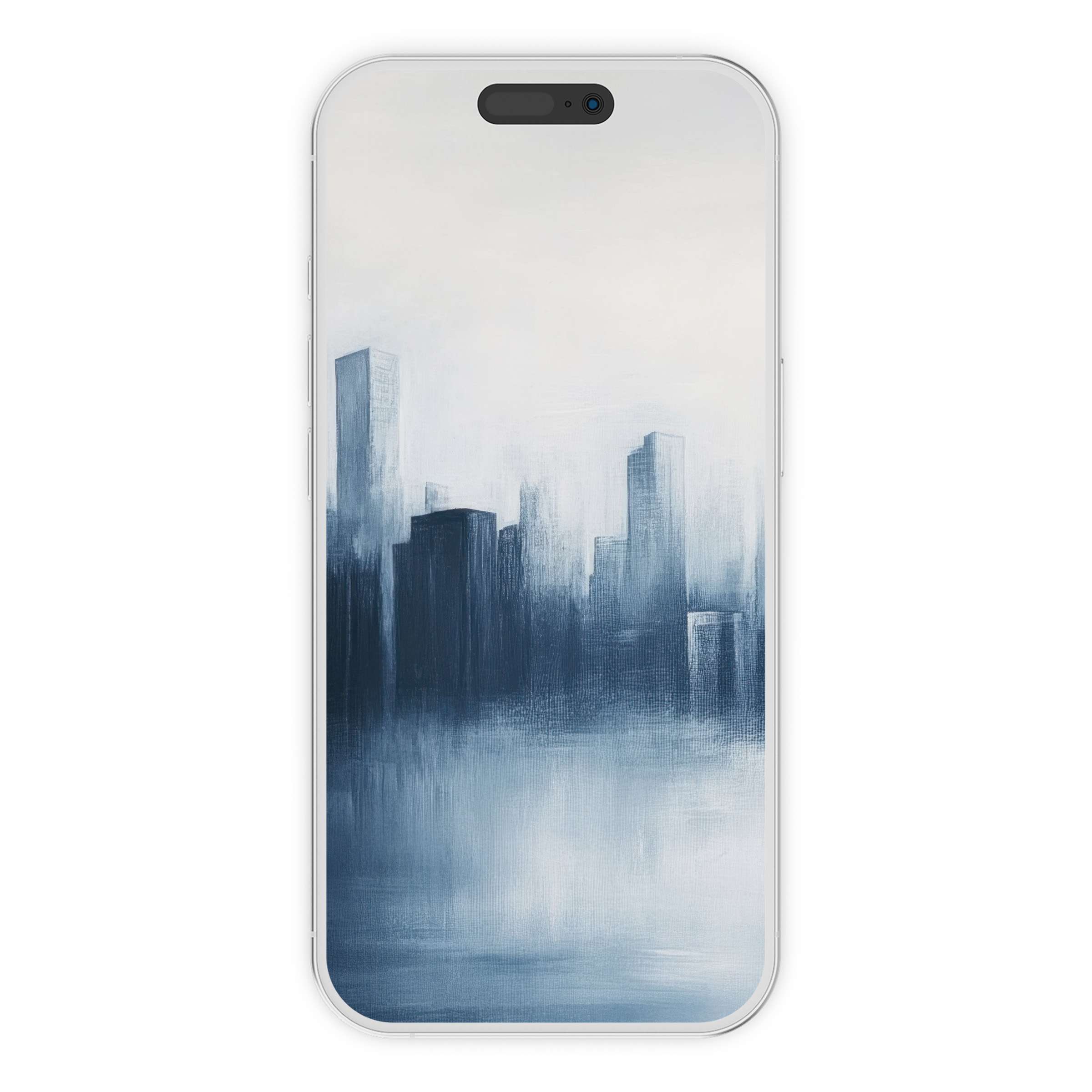 Modern iPhone wallpaper featuring a serene, abstract cityscape in soft blues, ideal digital download for phone backgrounds, eco-friendly elegance