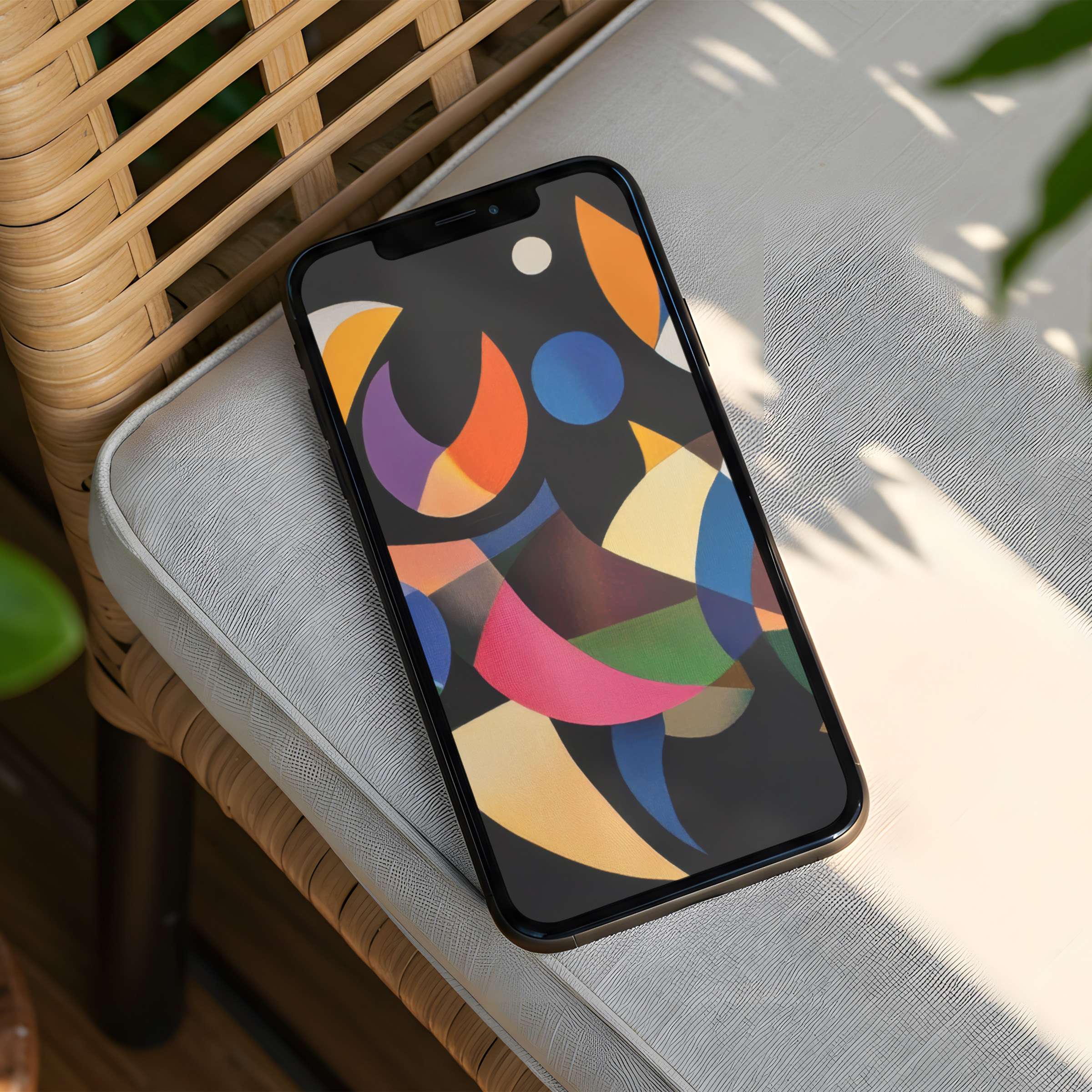 Vibrant abstract iPhone background on a wicker chair offers instant download for any phone, inspiring calm elegance and mindfulness