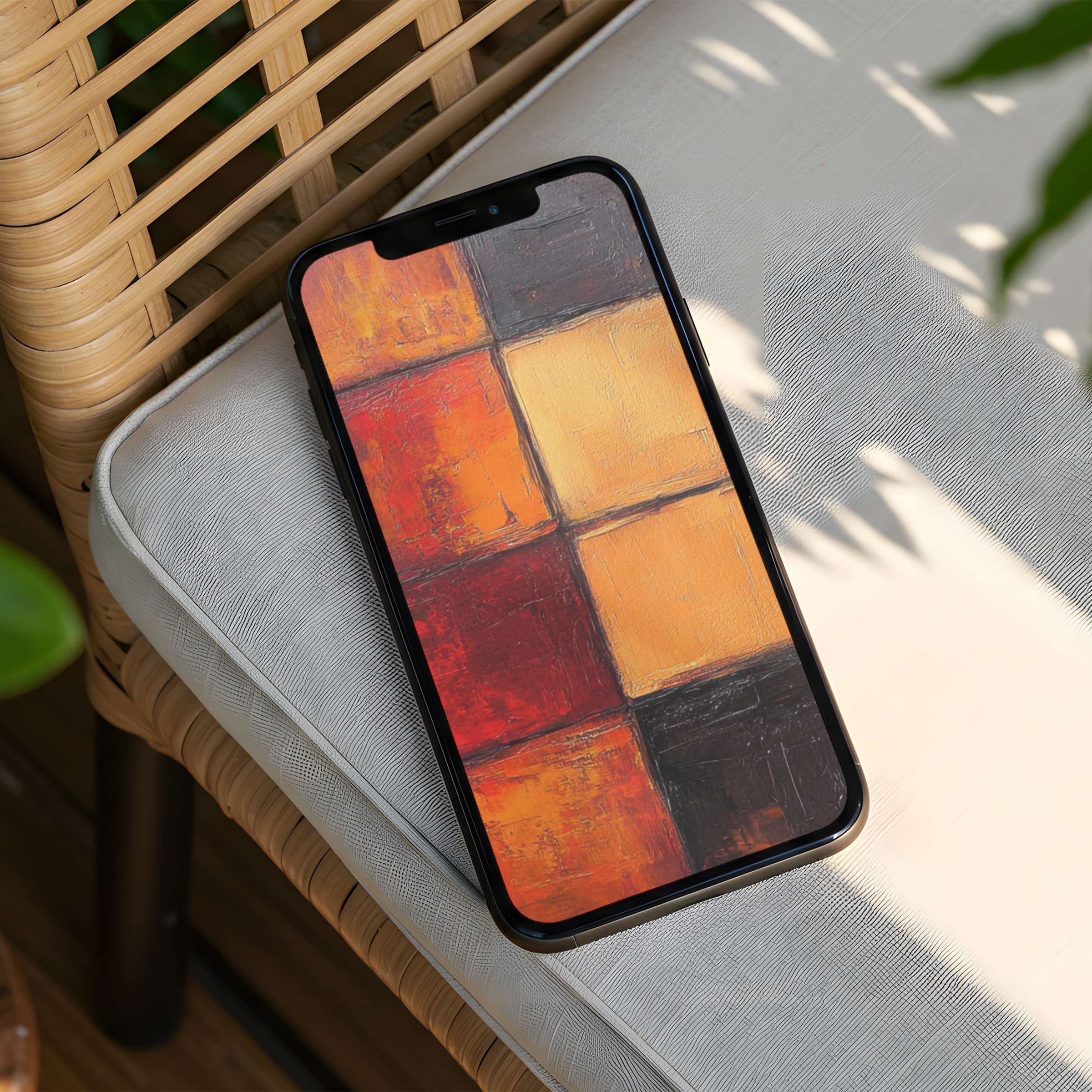Elegant abstract iPhone background with rich reds and earthy oranges on a cozy chair for instant download to your phone