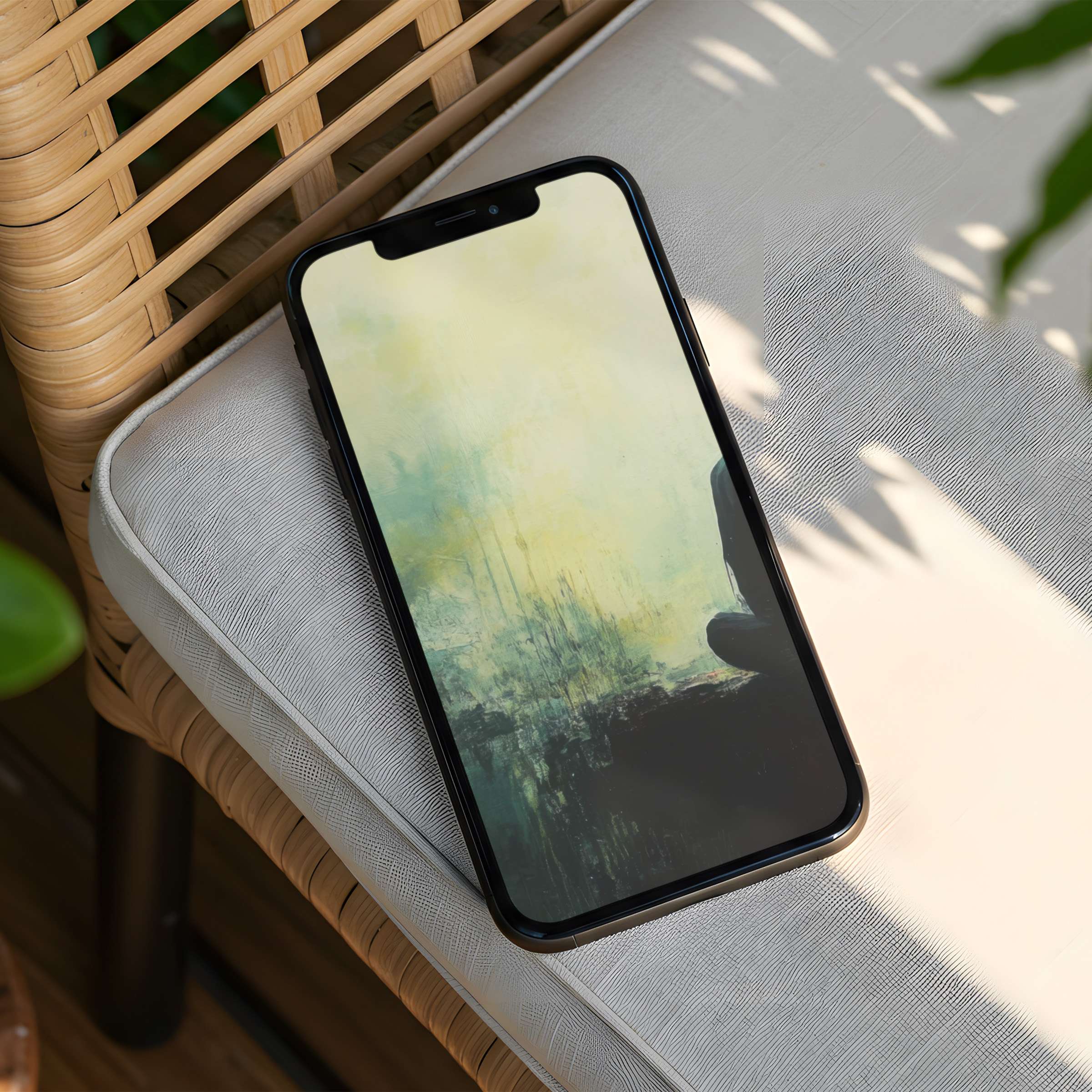 Calm abstract iPhone background in soft yellows and greens, perfect phone decor for instant download, inspiring serene elegance