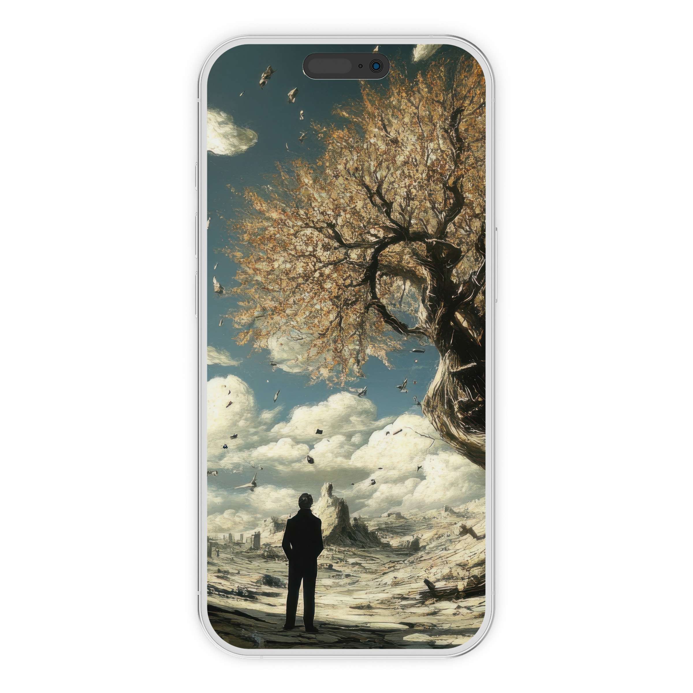 Modern iPhone wallpaper featuring a serene landscape with a majestic tree and figure under a blue sky perfect for phone background suitable for iPhone and Android digital download