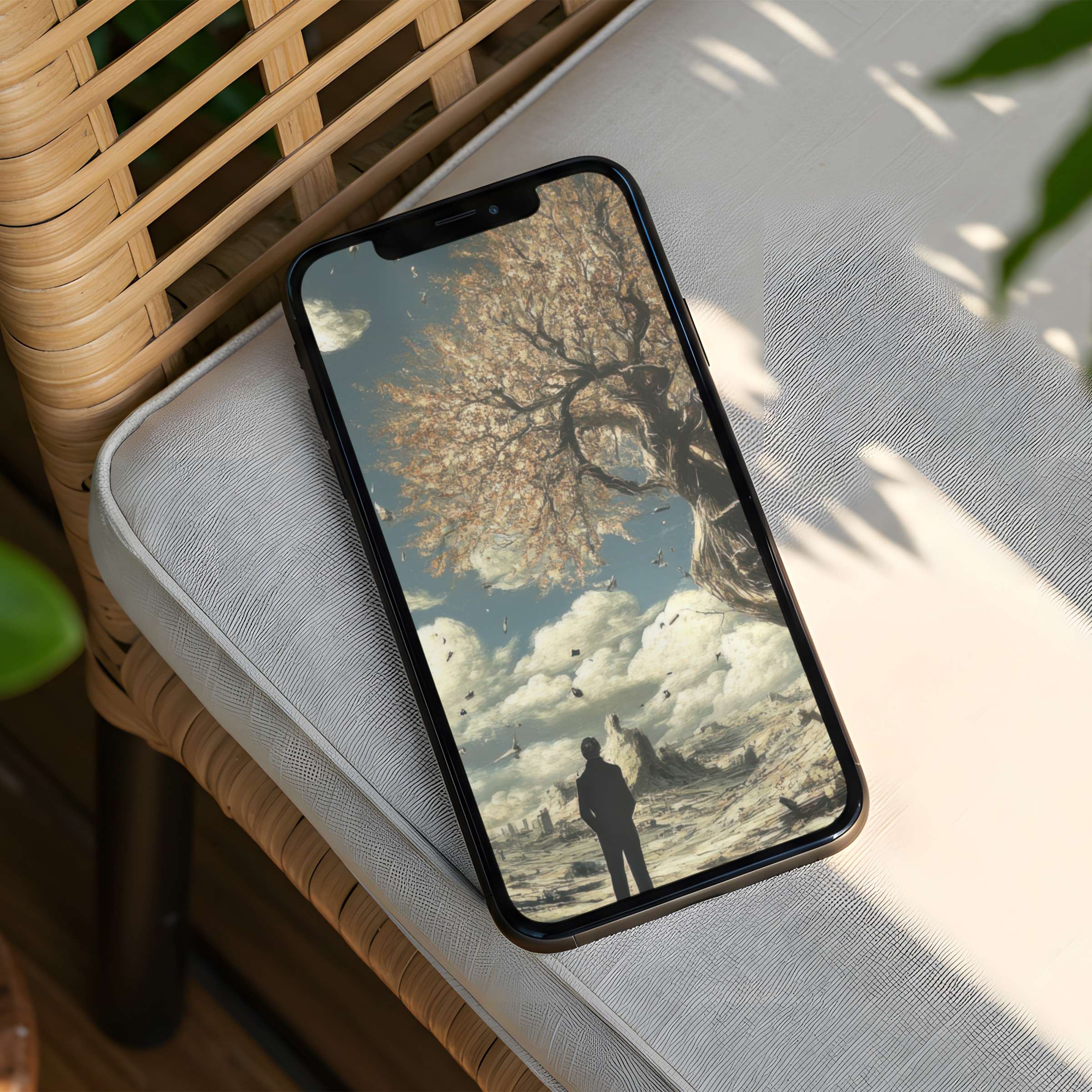 Elegant digital art iPhone background with serene landscape and mysterious silhouette offering instant download for your phone's harmony