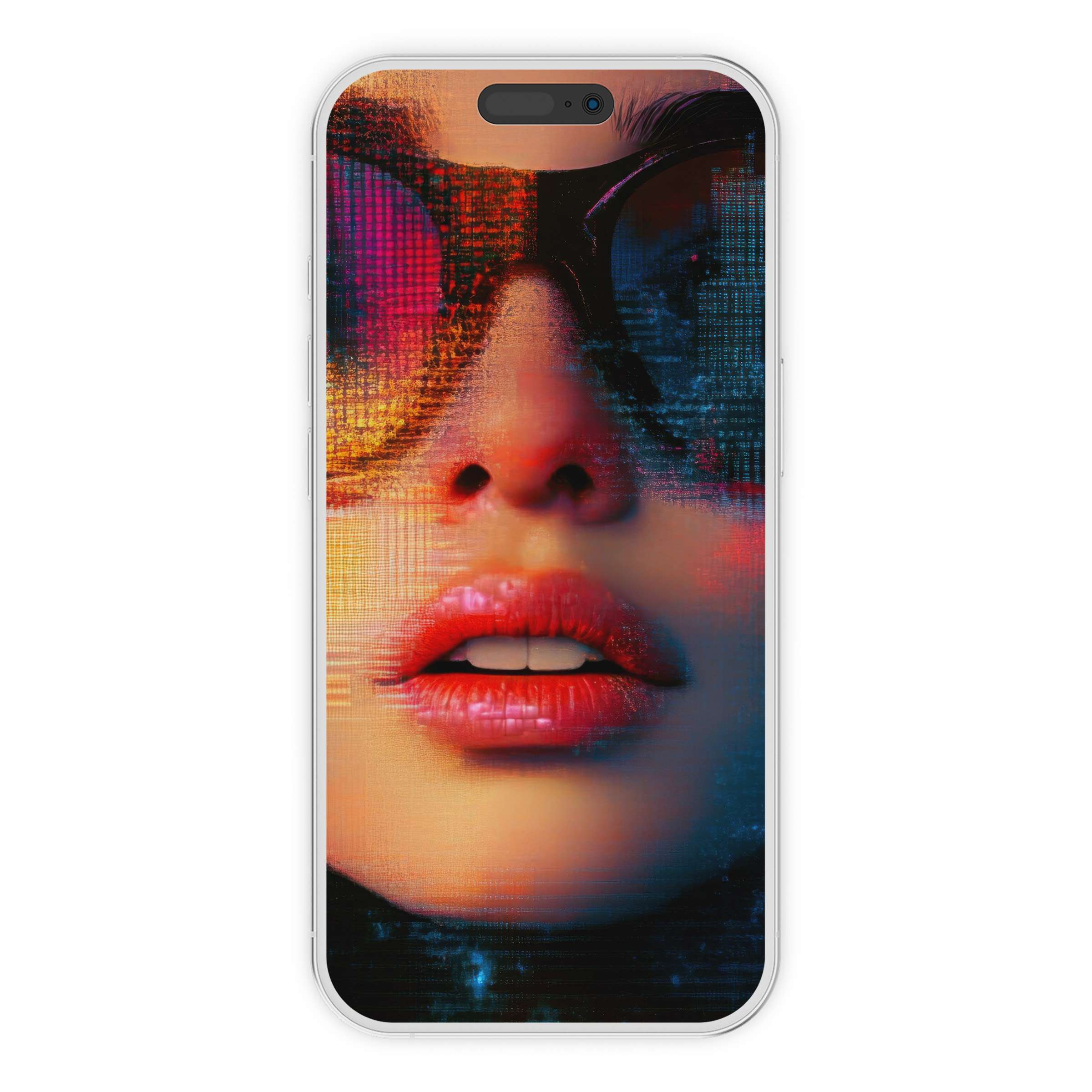 Vibrant modern iPhone wallpaper featuring an abstract portrait with vivid colors and textures for a striking phone background digital download