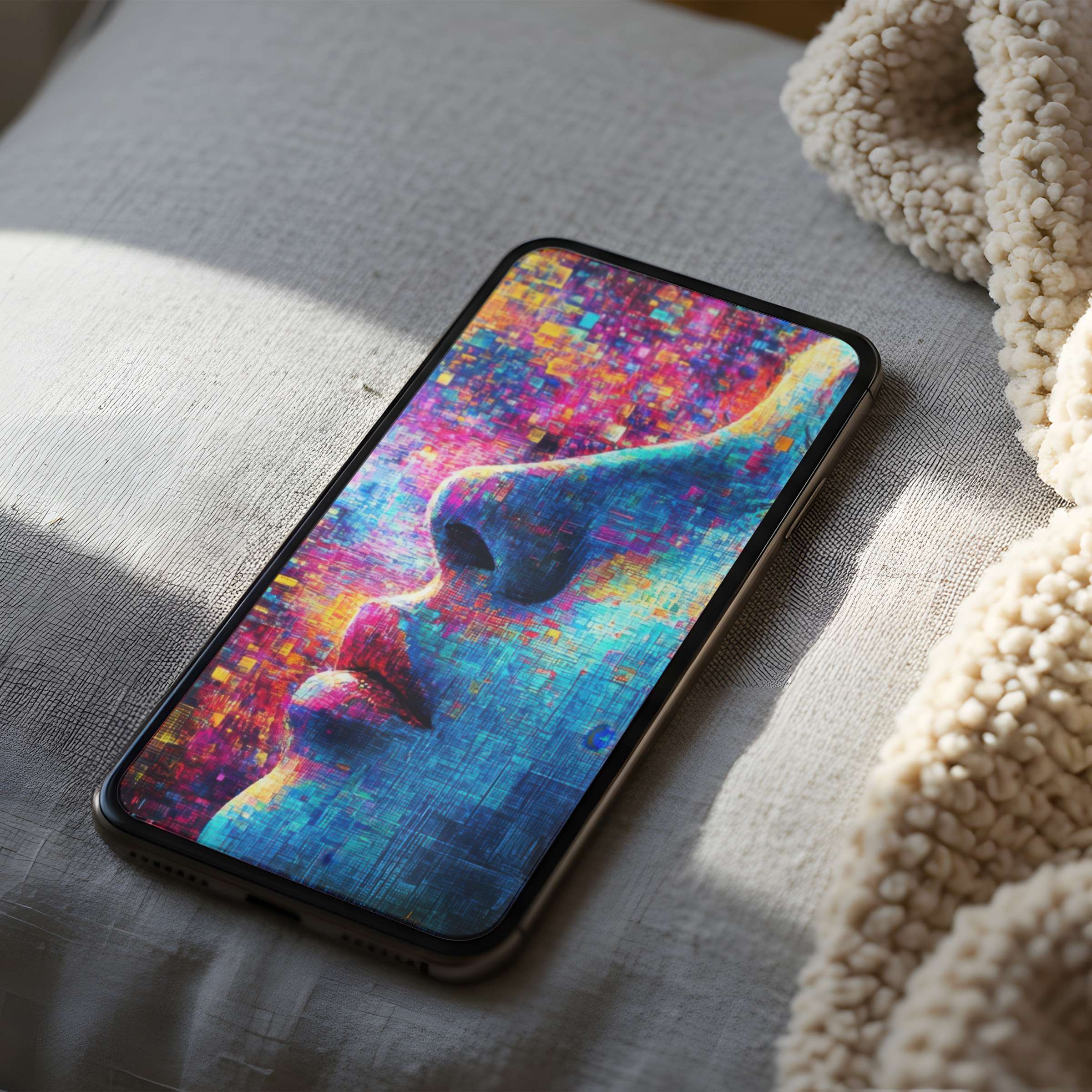 Elegant digital art phone wallpaper featuring vibrant abstract portrait in calming blues and pinks suitable for iPhone and android use