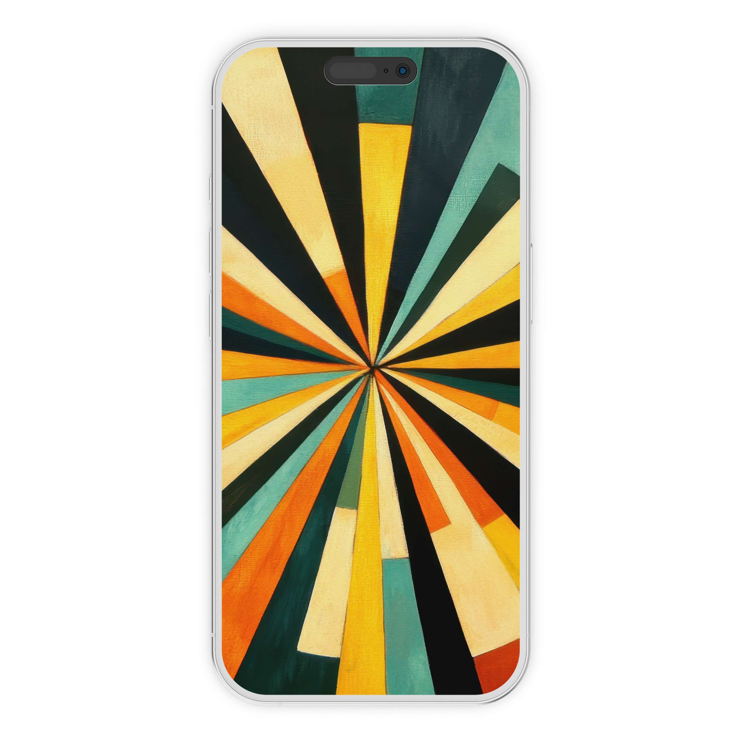 Modern iPhone wallpaper with vibrant geometric burst in orange, yellow, teal for an elegant phone background digital download