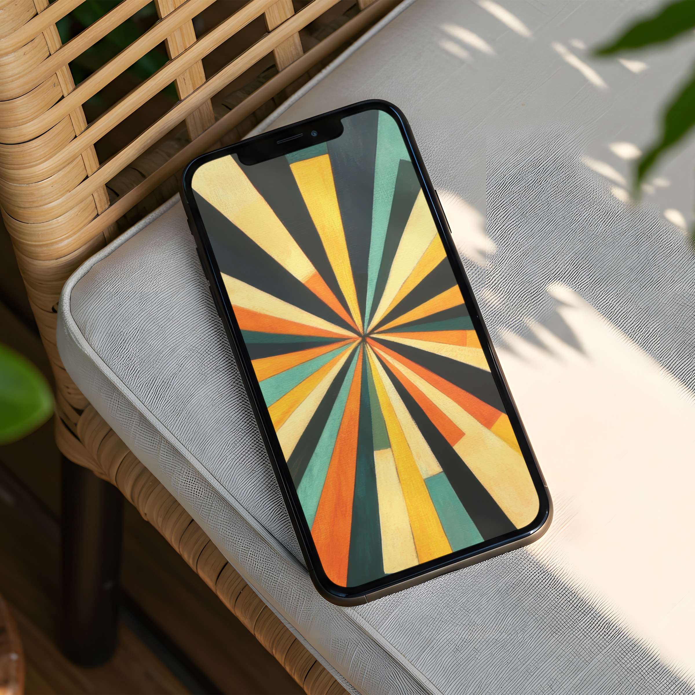 Vibrant geometric iPhone background radiates calm elegance, perfect for phone screens, offering instant download for mindful inspiration