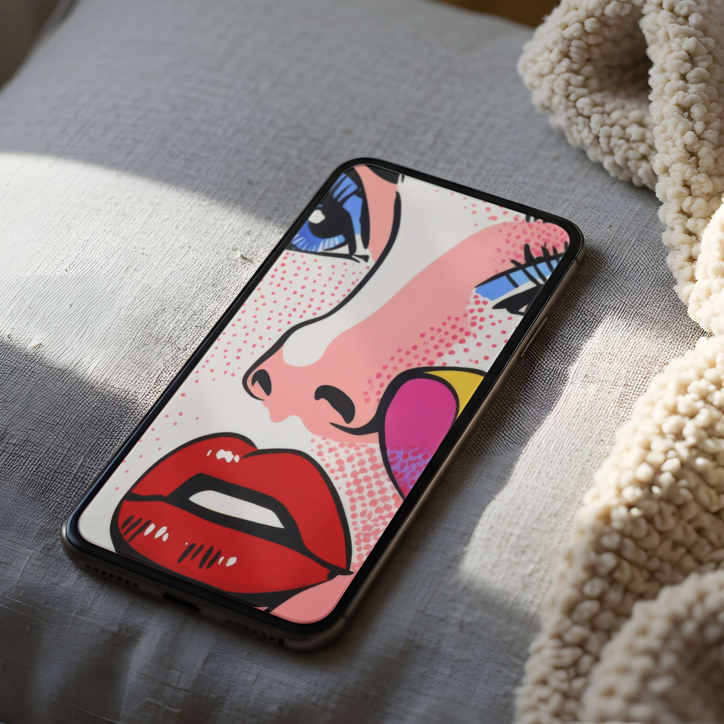 Vibrant pop art portrait phone wallpaper on iPhone, offering a high-resolution digital download for a stylish touch to any device